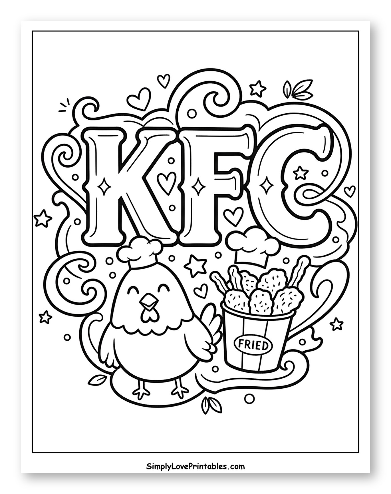 Cute Chef Chicken with KFC Bucket Coloring Sheet for Adults