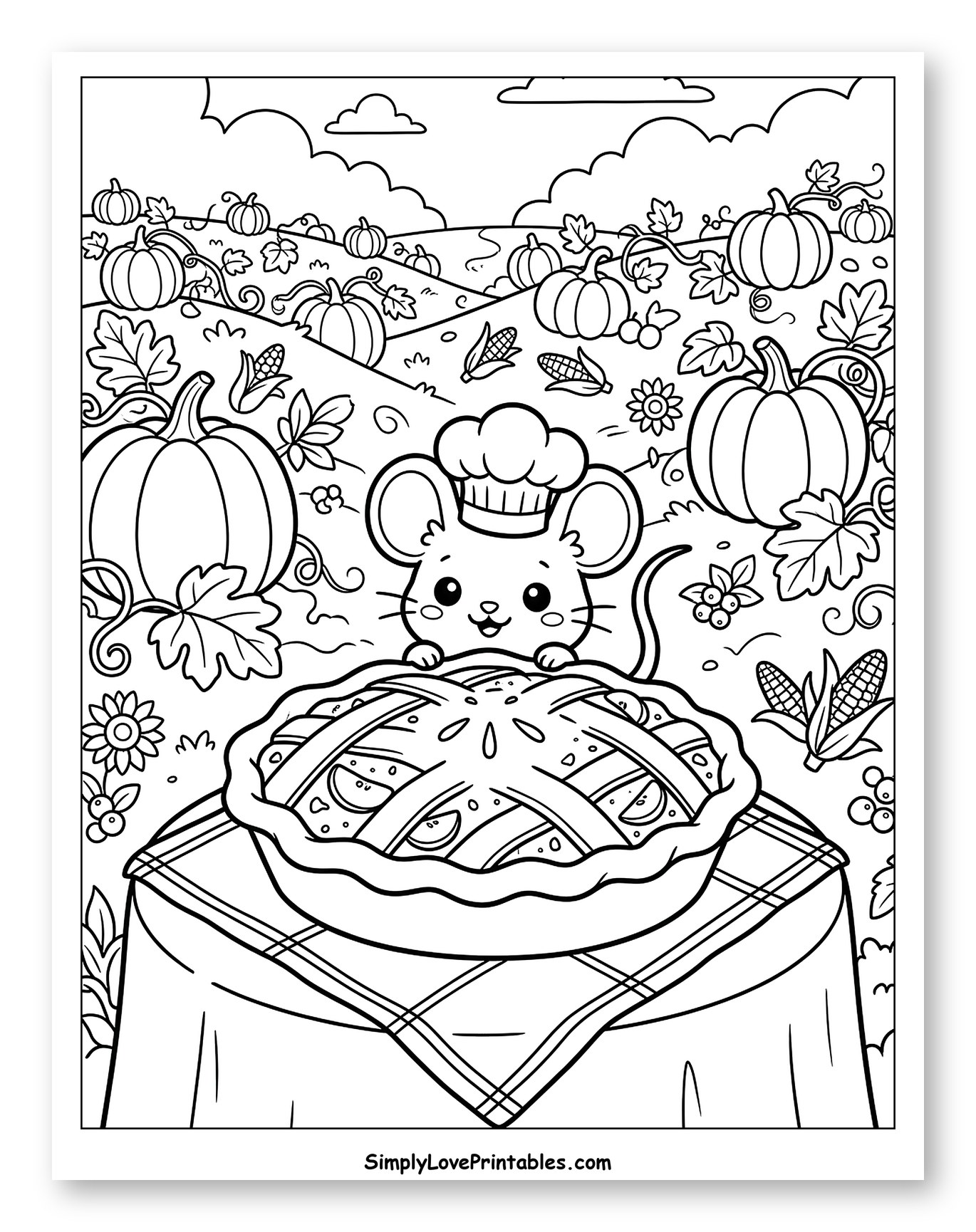 Cute Chef Mouse with Pumpkin Pie in Field