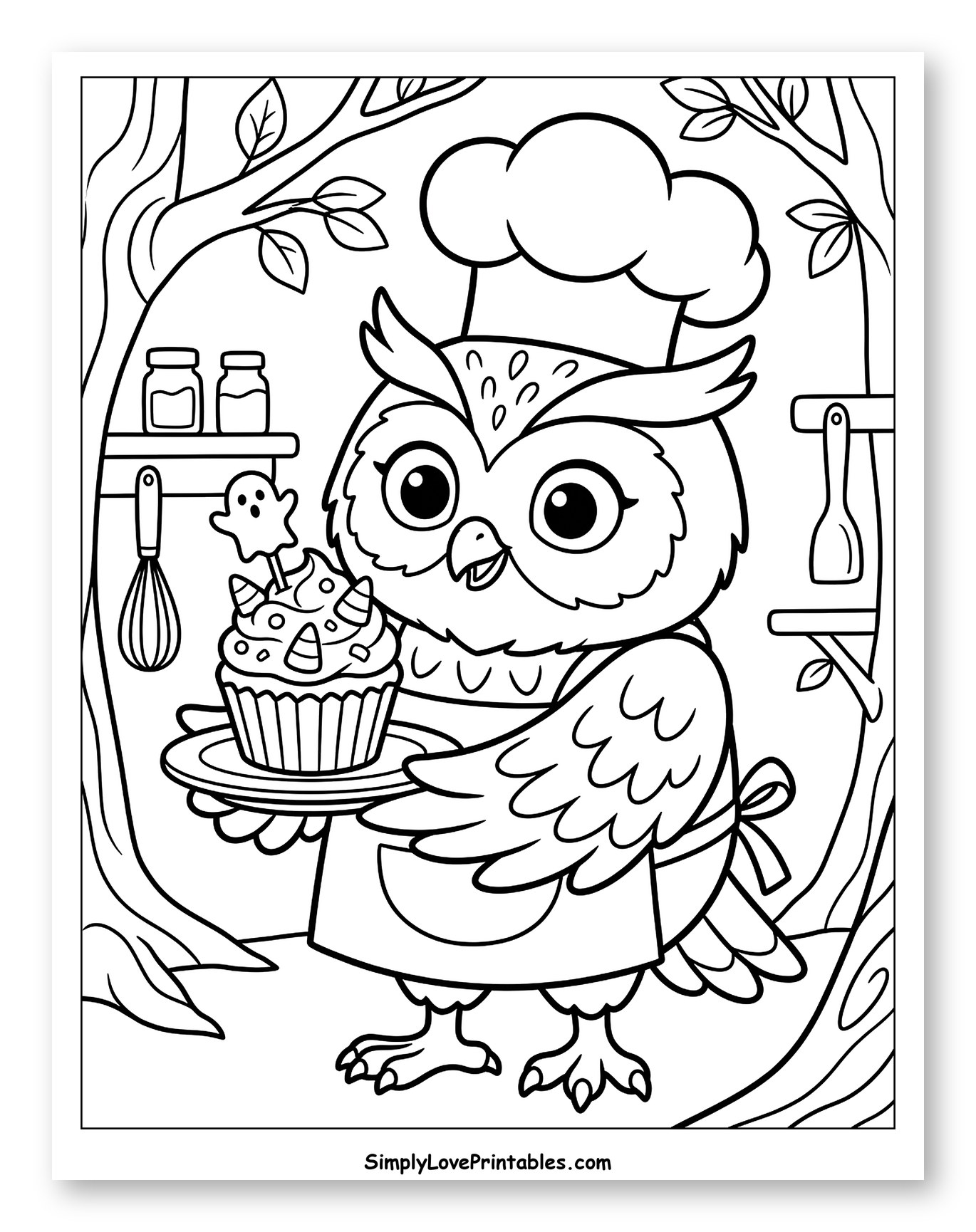 Cute Chef Owl with Halloween Cupcake