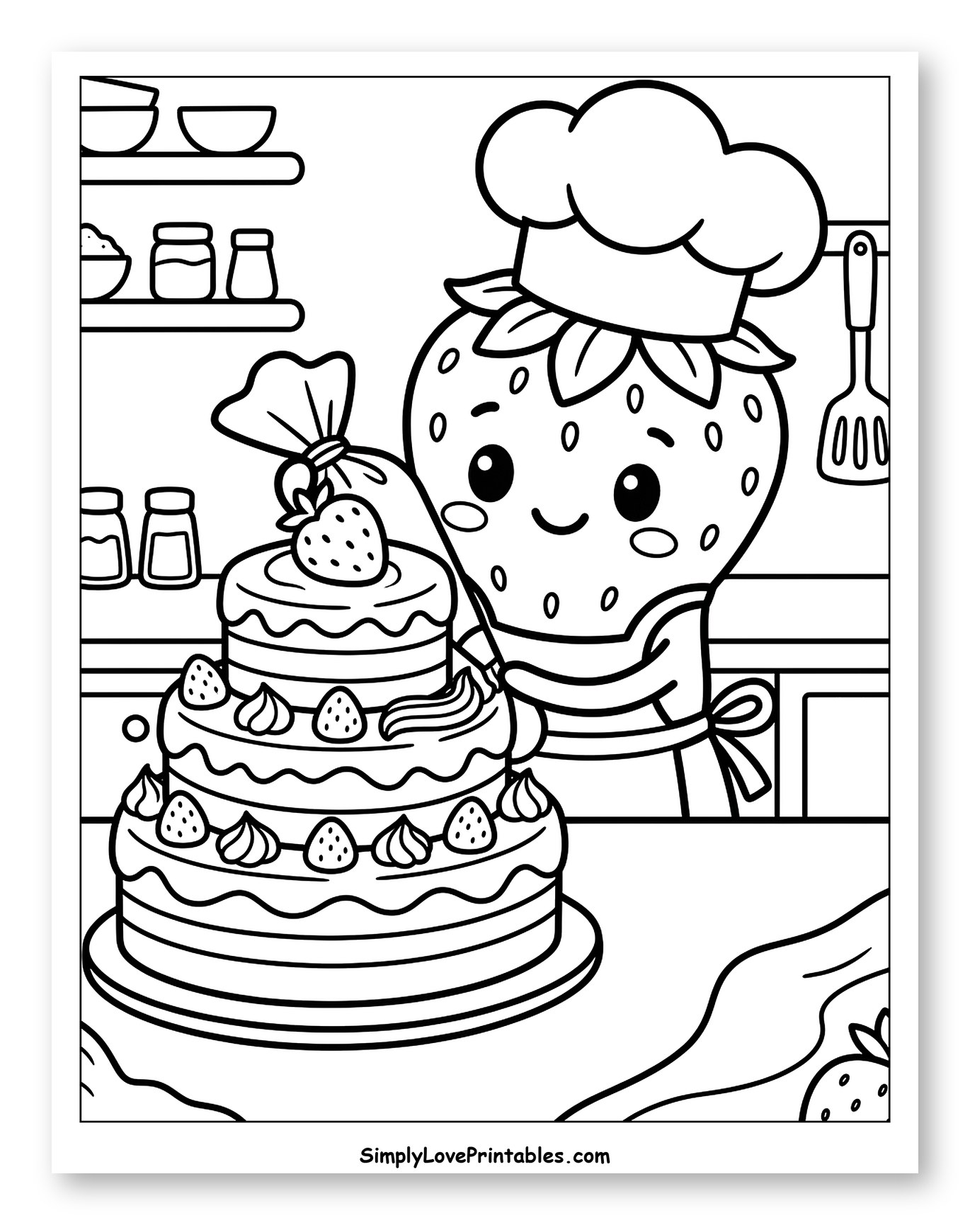 Cute Chef Strawberry Decorating a Tiered Cake