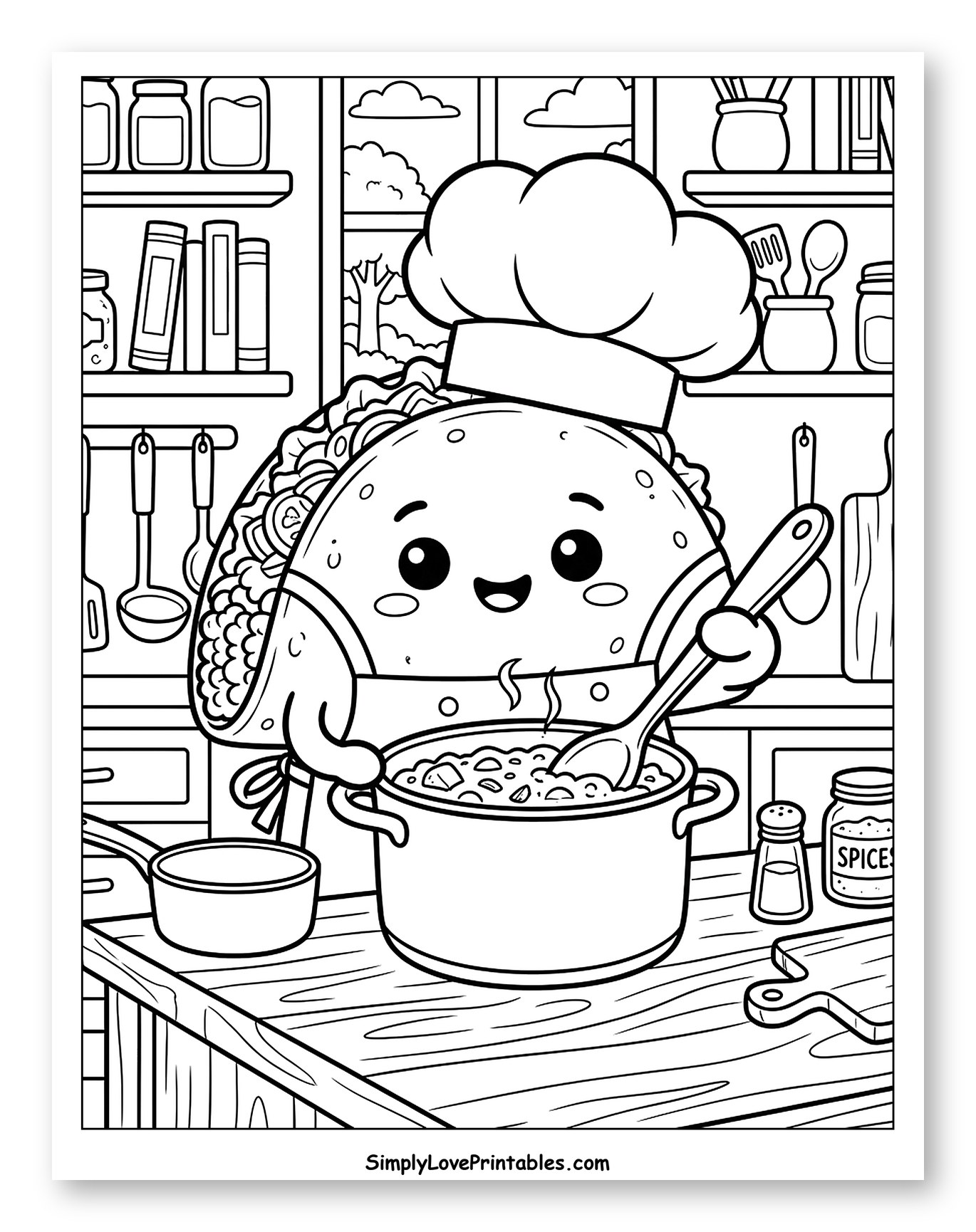 Cute Chef Taco Cooking in a Kitchen to Color for Kids