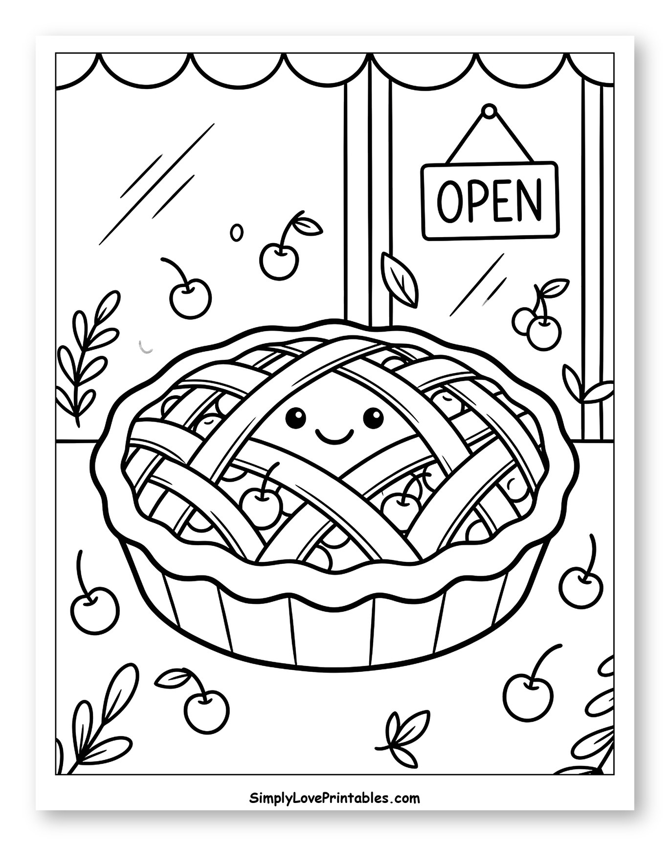Cute Cherry Pie in a Bakery Window Coloring Page for Kids