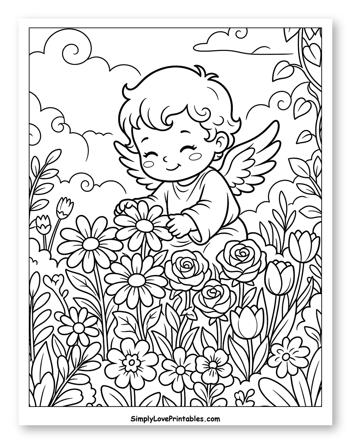 Cute Cherub Watching Over Flowers to Color for Kids
