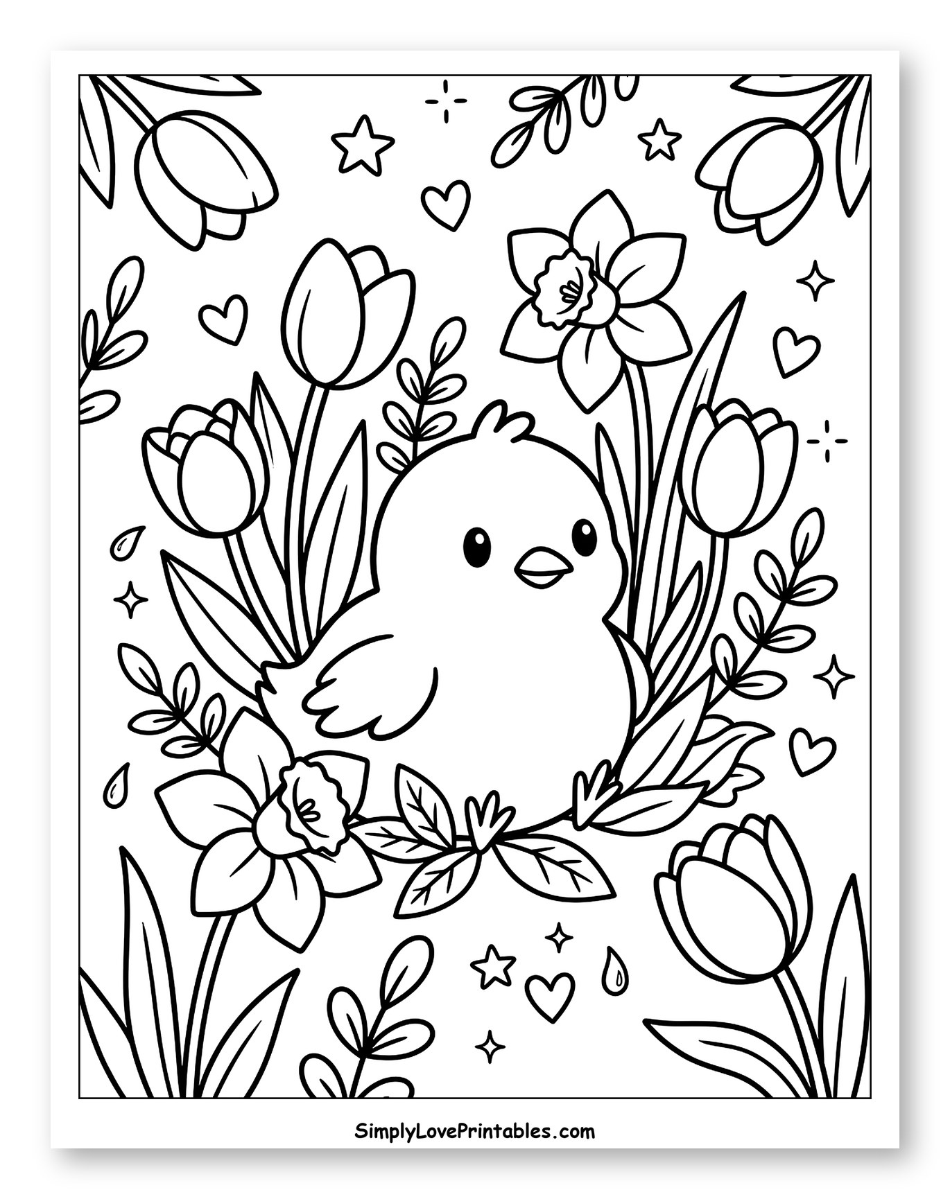 Cute Chick Among Spring Flowers Coloring Sheet for Adults