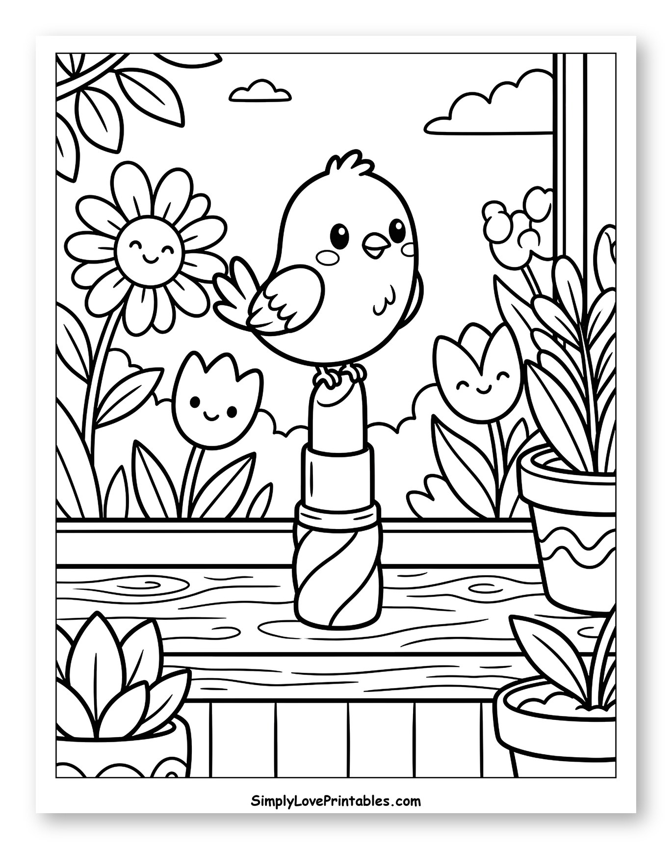 Cute Chick Perched on Lipstick with Flowers Coloring Page for Kids