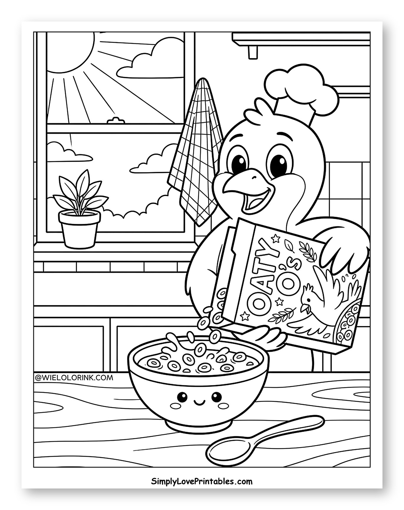 Cute Chick Pouring Cereal into a Bowl to Color for Kids