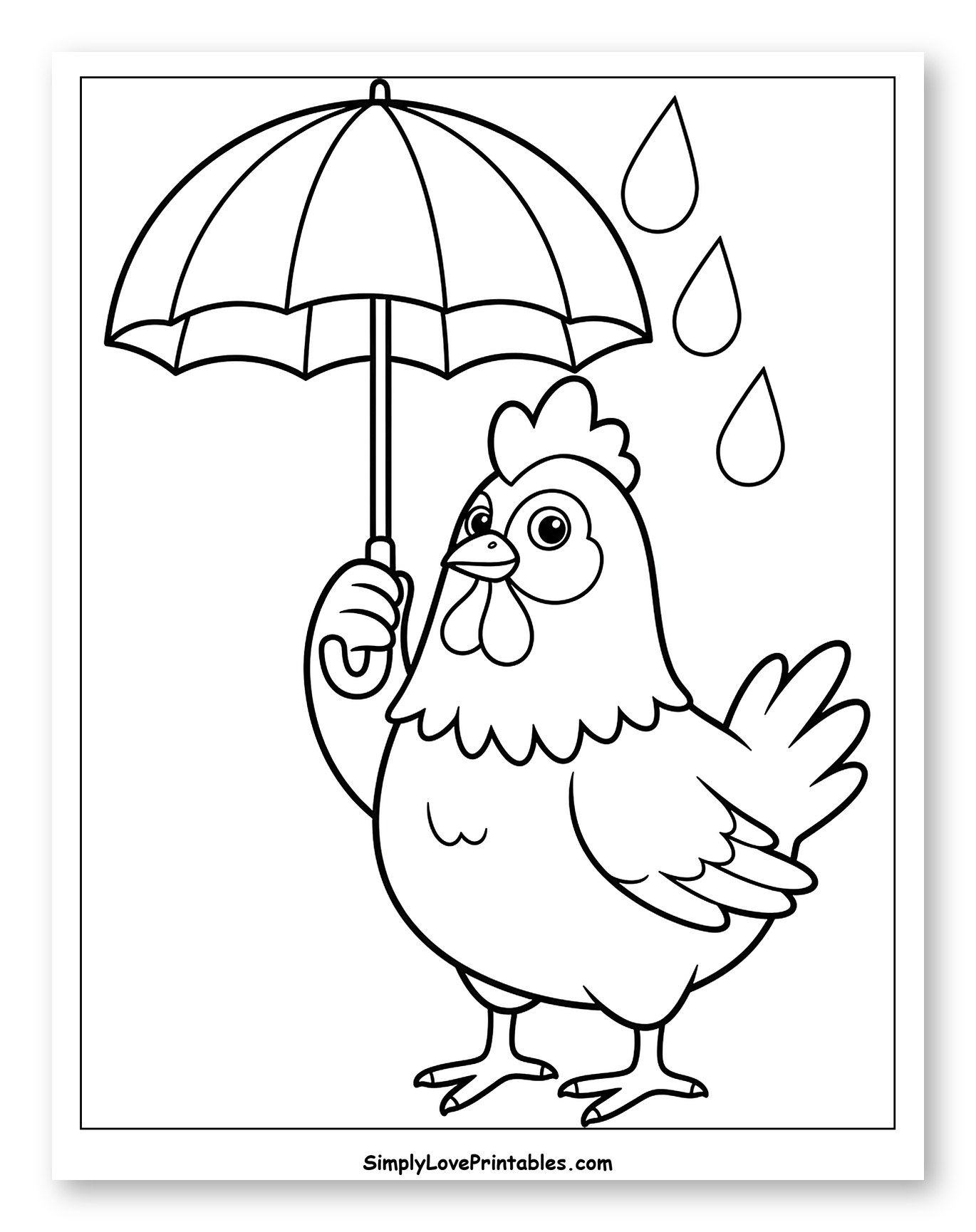 Cute Chicken Holding an Umbrella in the Rain Coloring Page for Toddlers