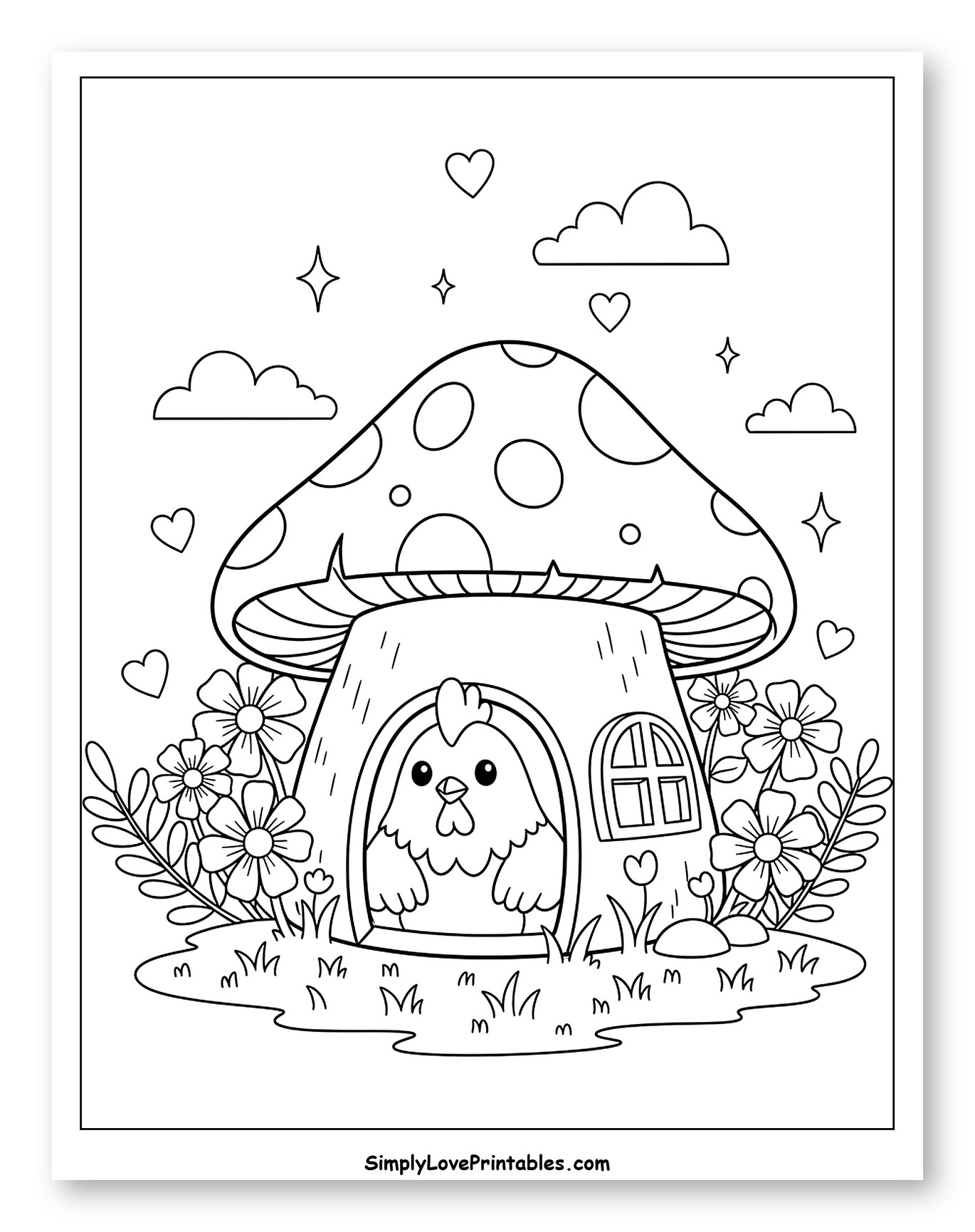Cute Chicken in a Mushroom House to Color for Adults