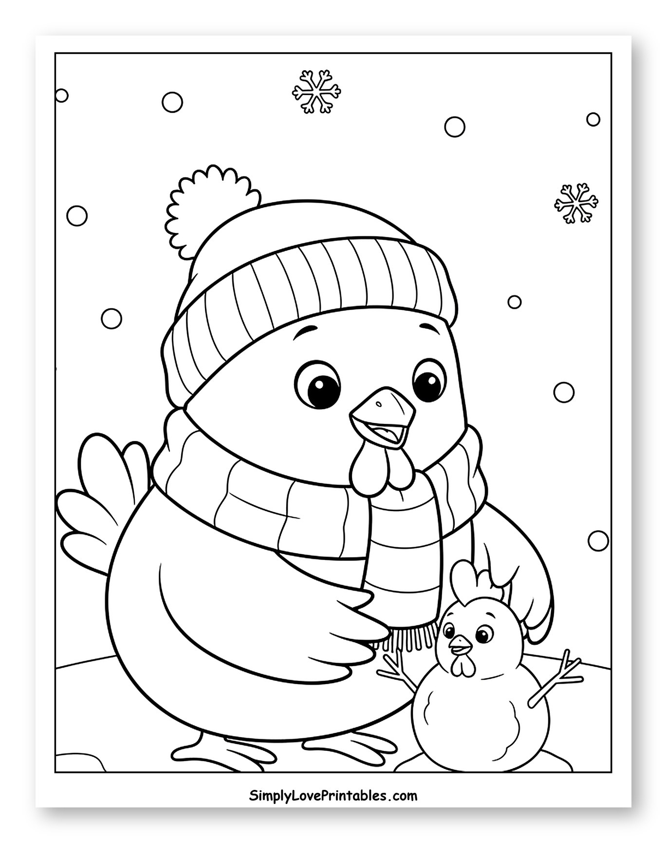Cute Chicken in Winter Hat with Snowman