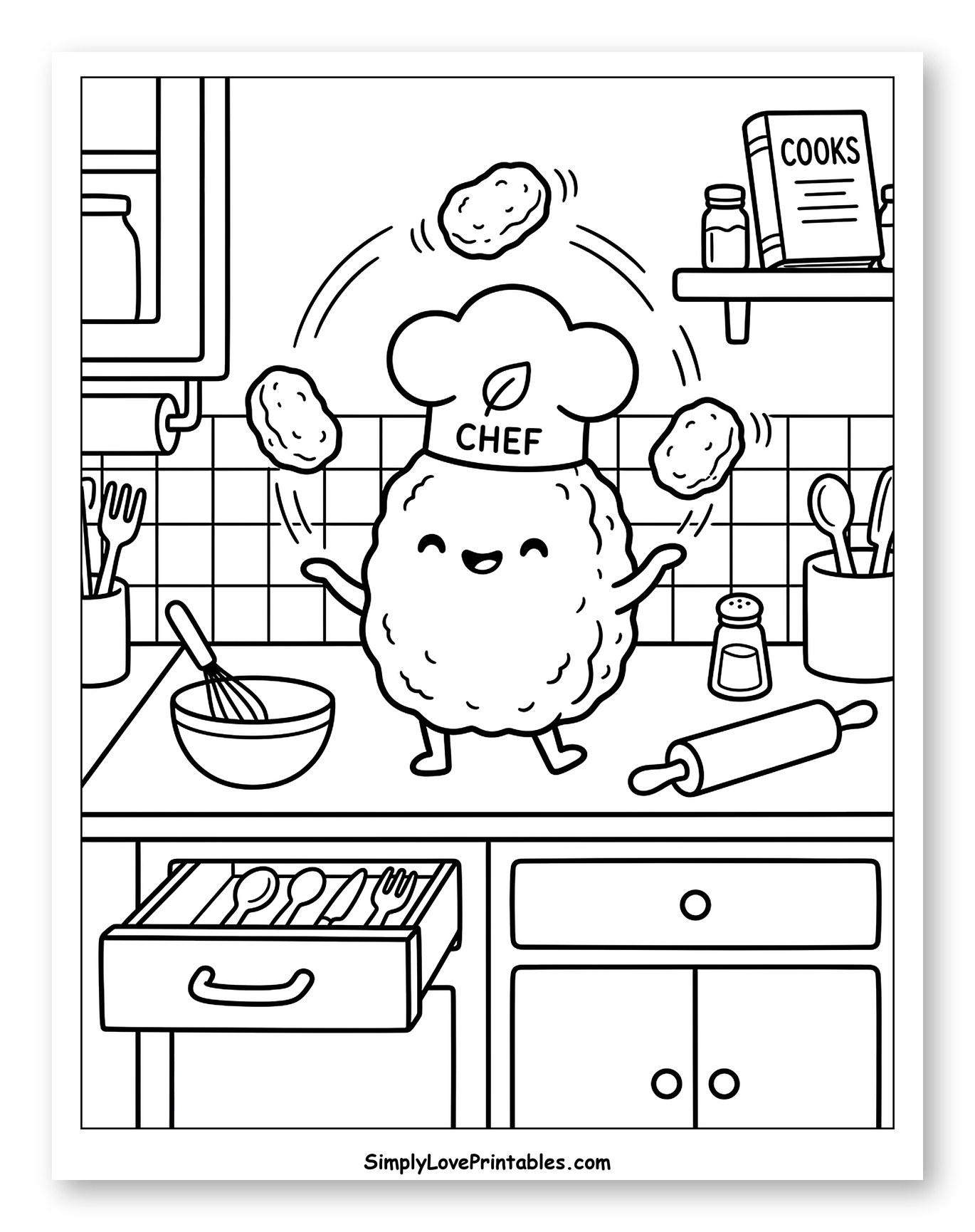 Cute Chicken Nugget Chef Juggling Potatoes Coloring Page for Kids