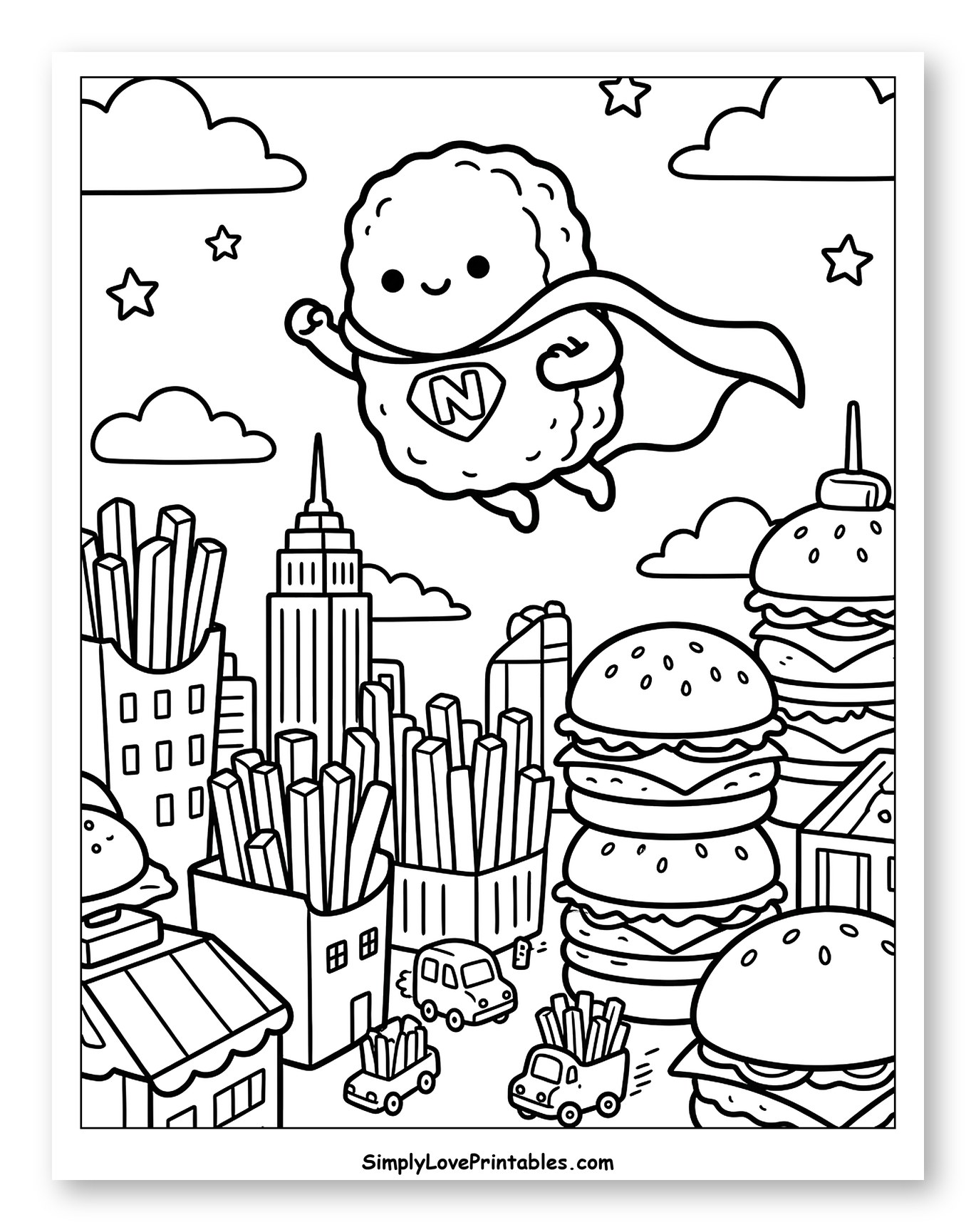 Cute Chicken Nugget Superhero Over Fast Food City