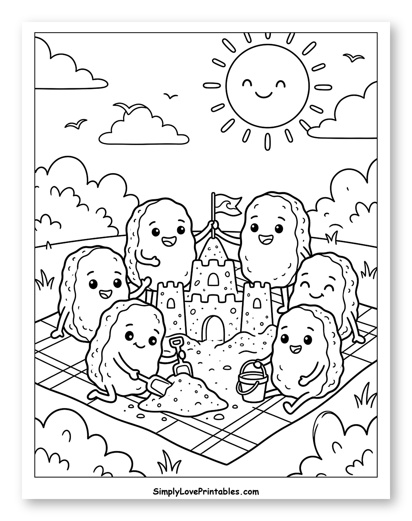 Cute Chicken Nuggets Building Sandcastle on a Sunny Day