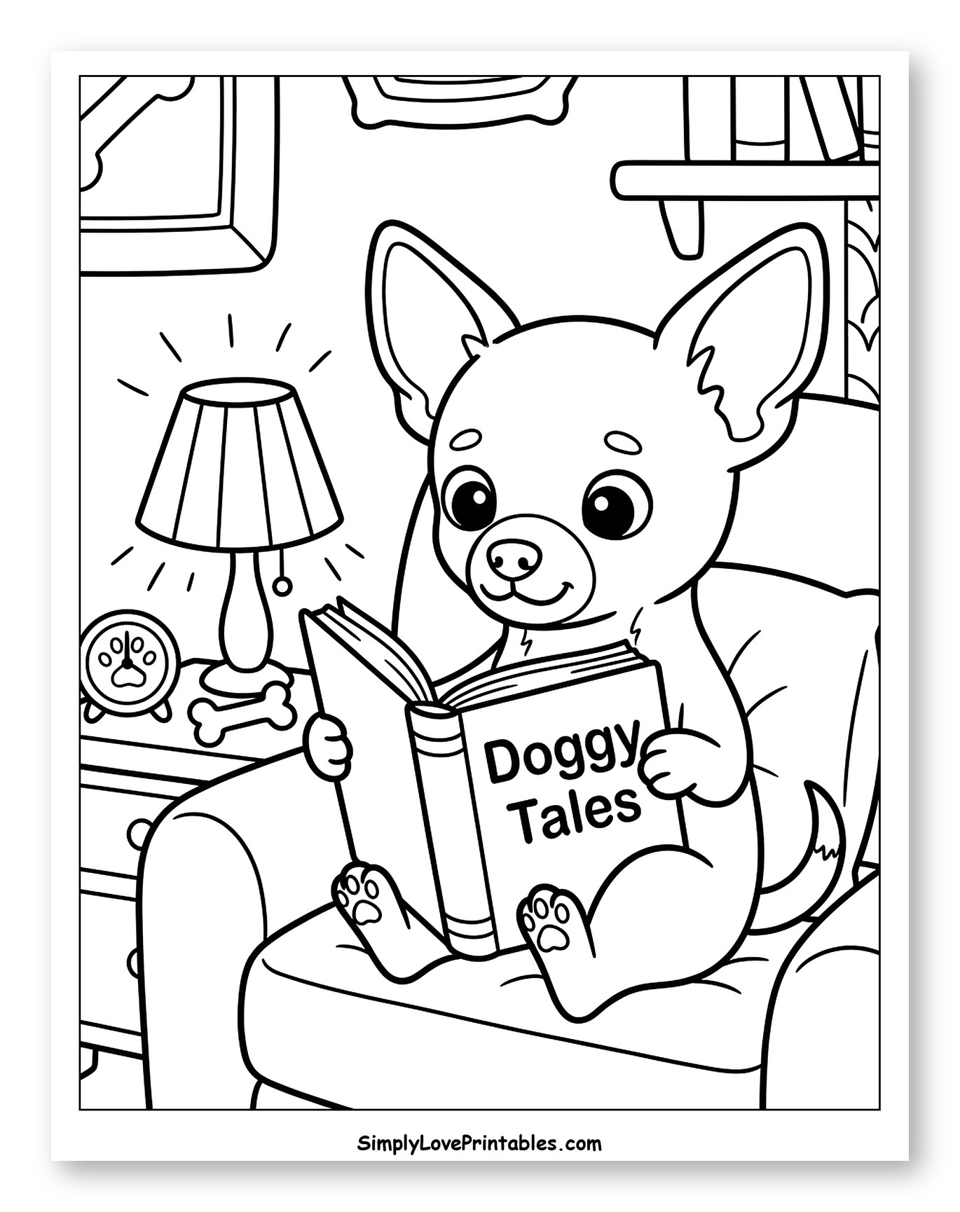 Cute Chihuahua Reading Doggy Tales in Armchair Coloring Sheet for Kids