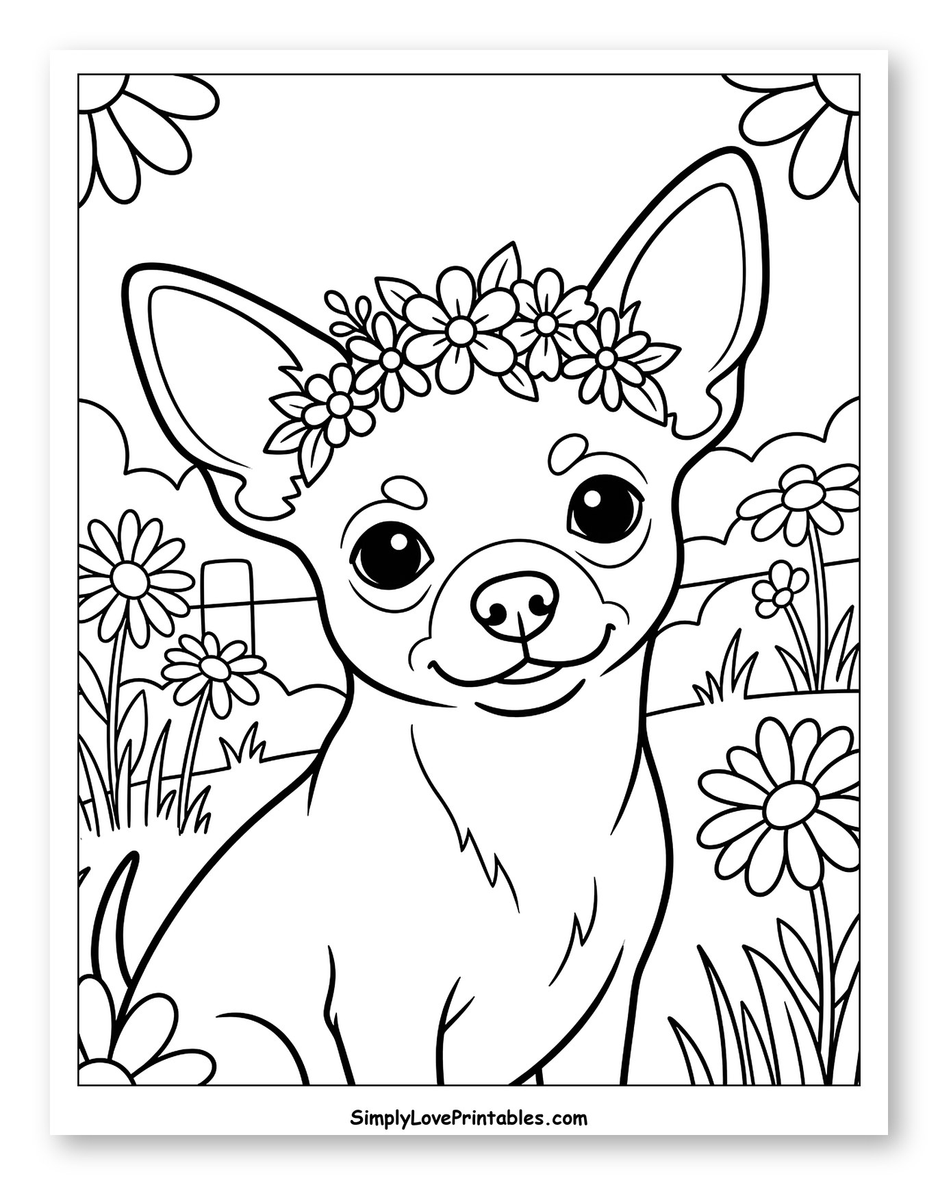 Cute Chihuahua Wearing Flower Crown in Daisies to Color for Kids
