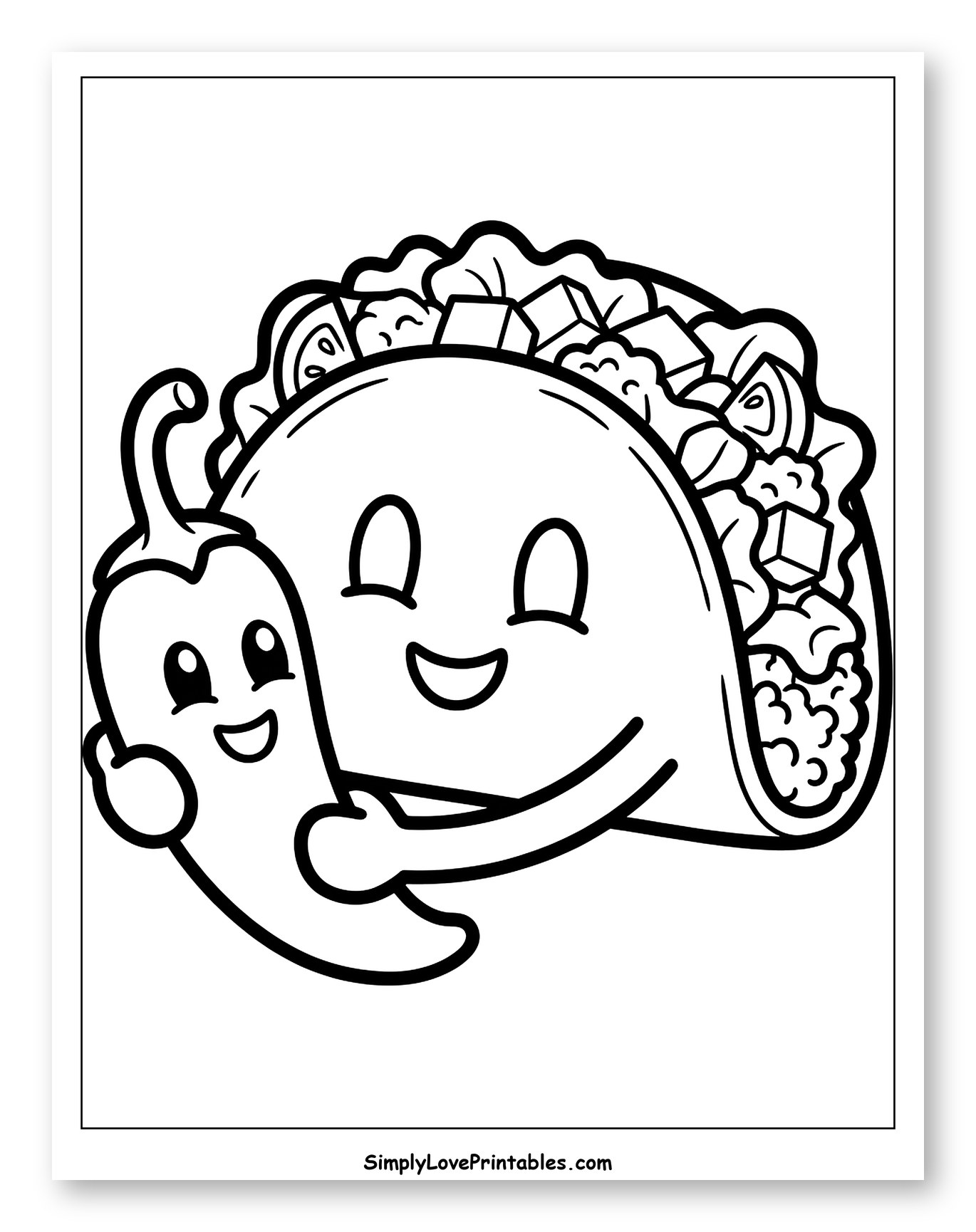 Cute Chili Pepper Hugging a Taco Coloring Page for Toddlers