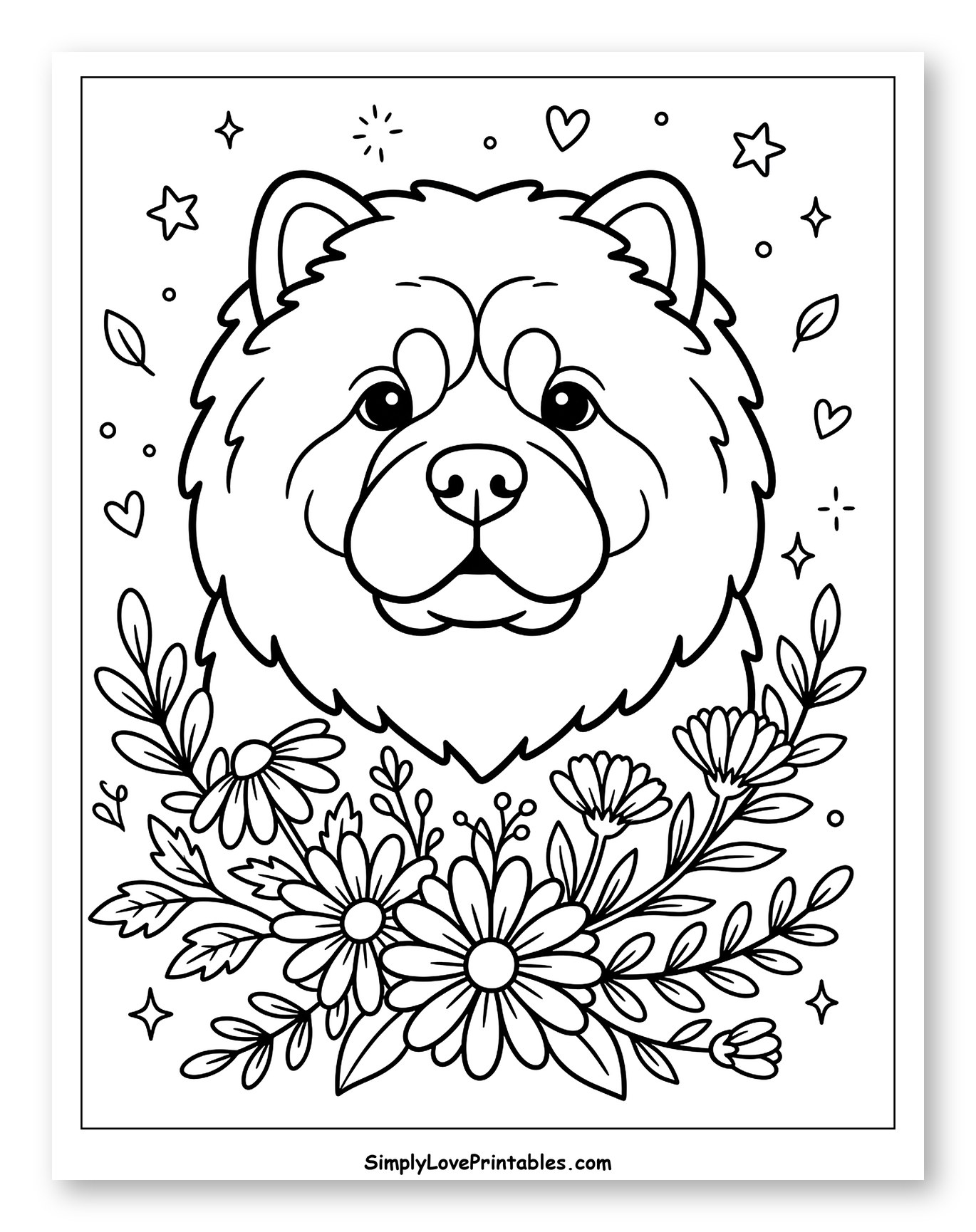 Cute Chow Chow with Flowers and Stars Coloring Sheet for Adults