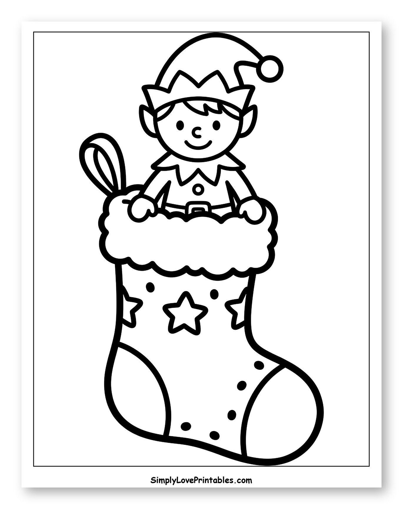 Cute Christmas Elf inside a Holiday Stocking Coloring Sheet for Toddlers