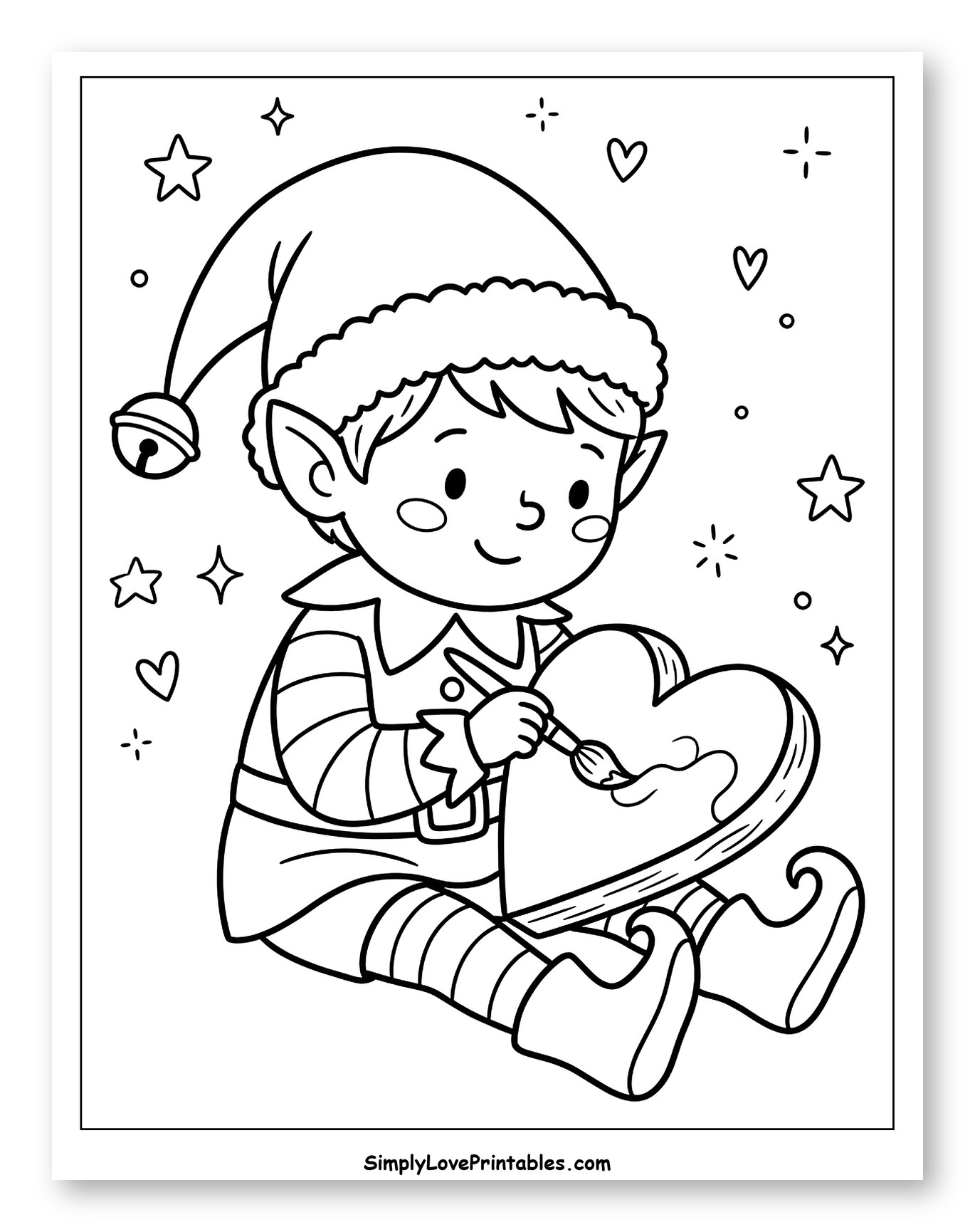 Cute Christmas Elf Painting a Heart to Color for Adults
