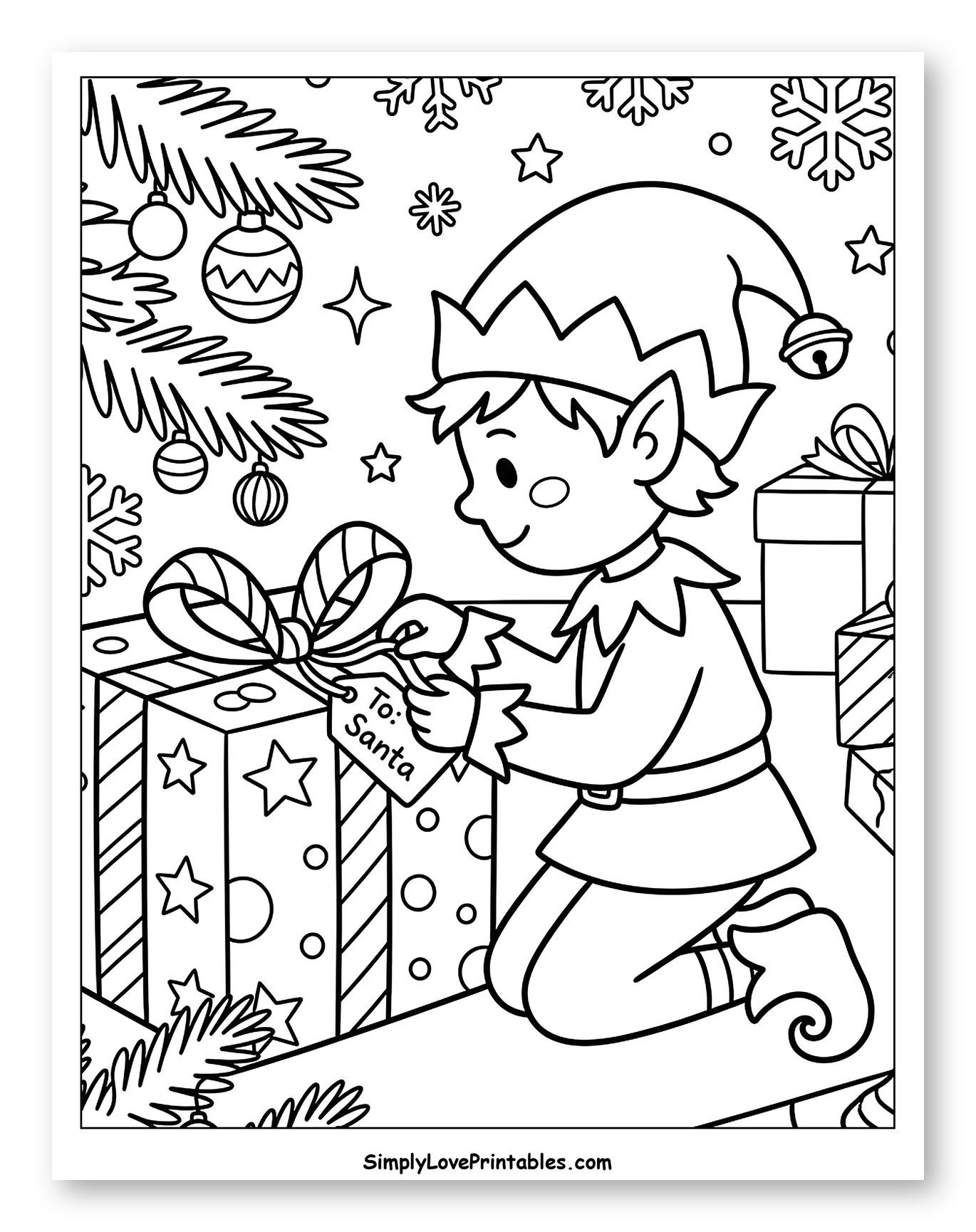 Cute Christmas Elf Preparing a Gift for Santa Coloring Sheet for Kids