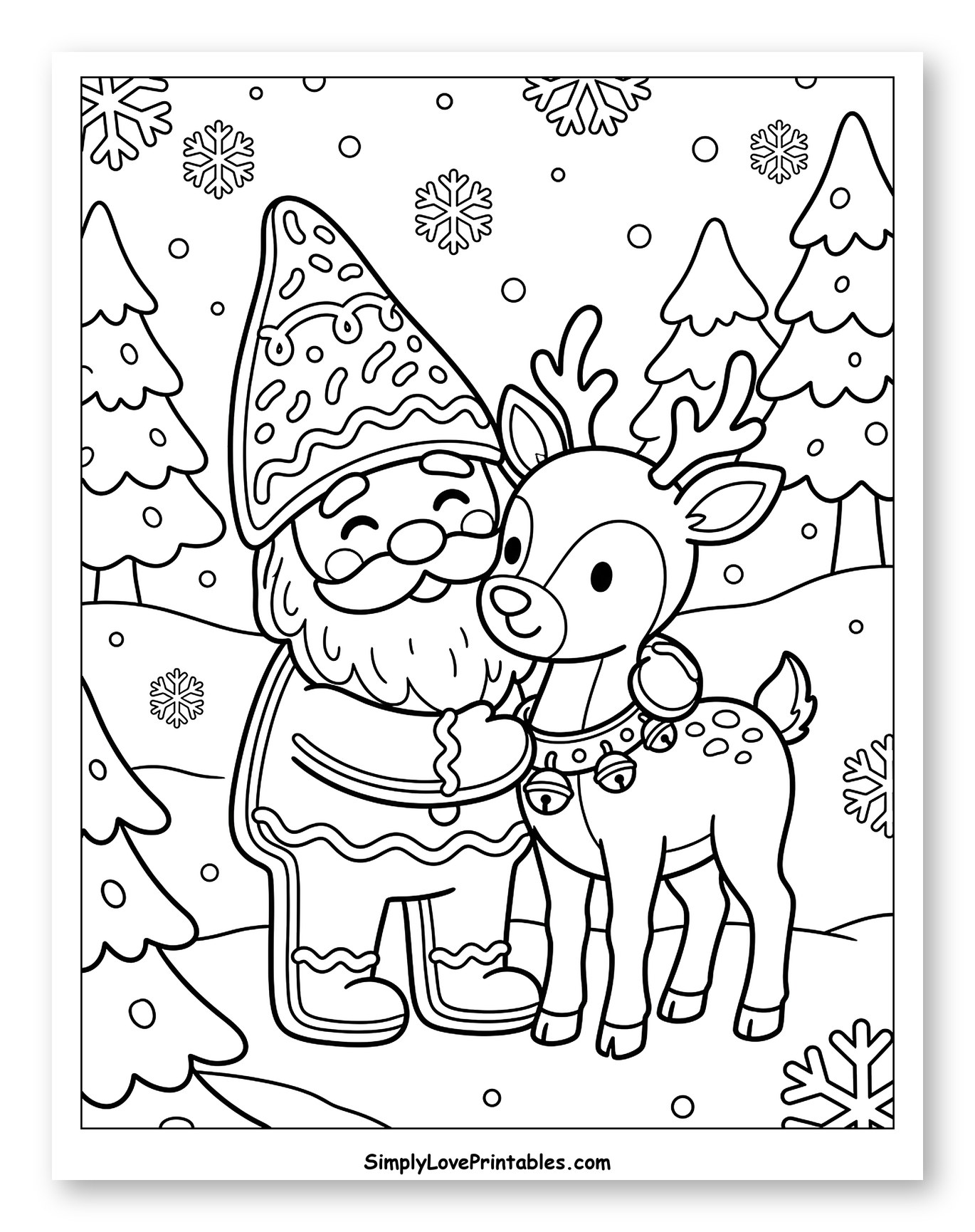 Cute Christmas Gnome Hugging a Friendly Reindeer Coloring Page for Kids