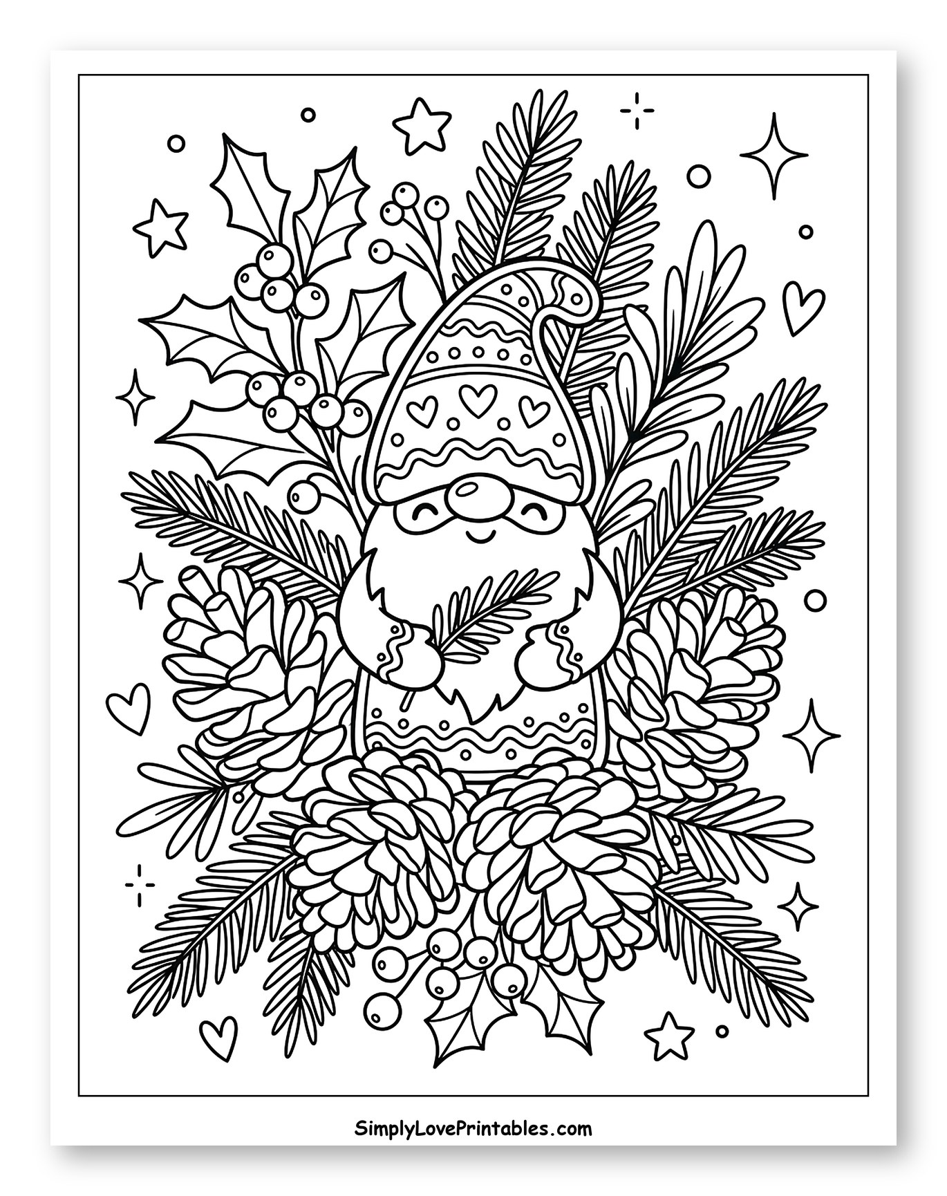 Cute Christmas Gnome Surrounded by Pinecones Coloring Sheet for Adults