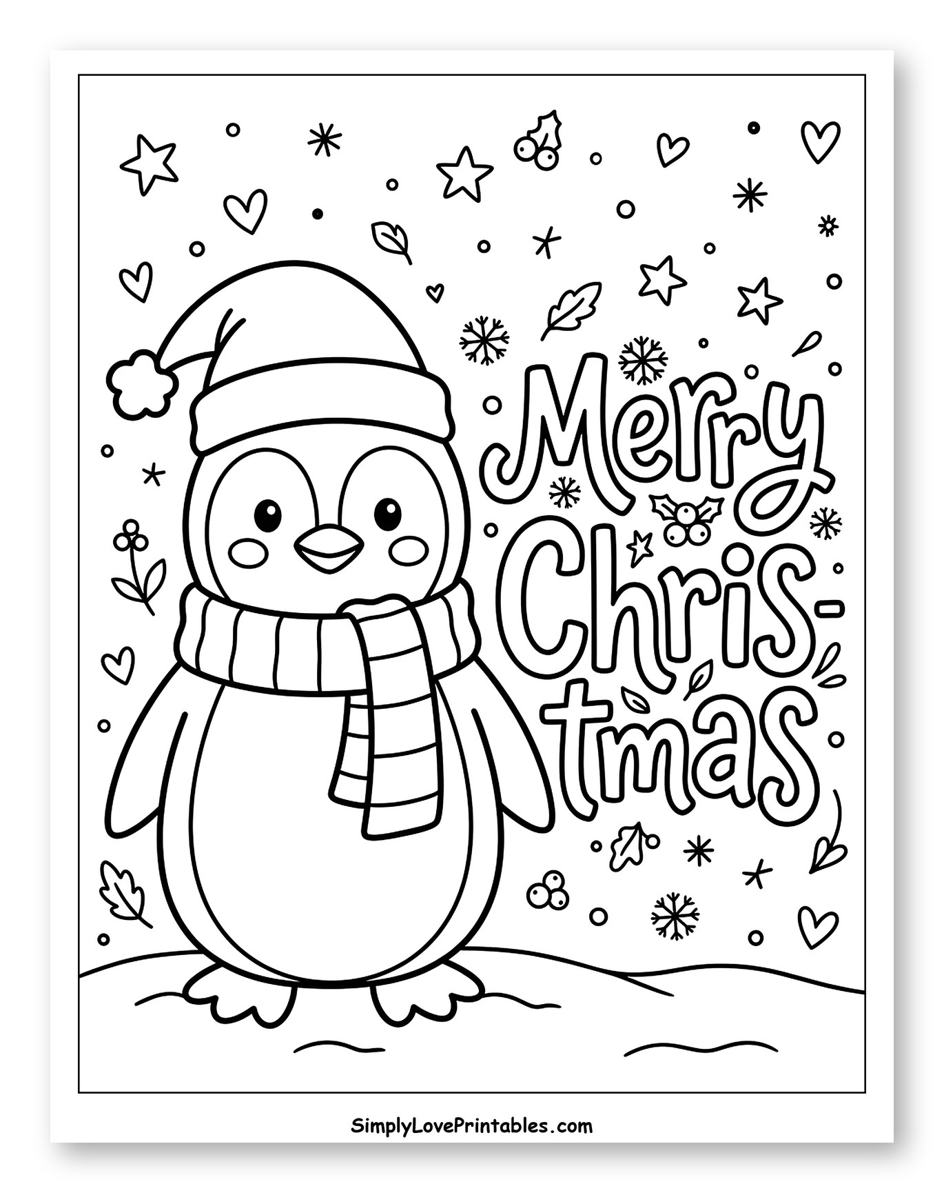 Cute Christmas Penguin in Santa Hat and Scarf Coloring Page for Adults