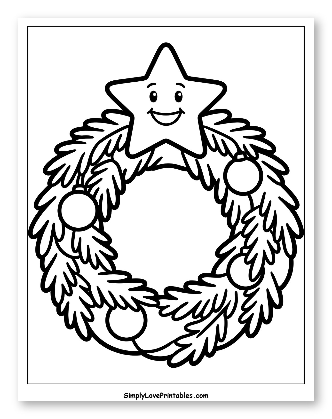 Cute Christmas Wreath with Friendly Star Coloring Sheet for Toddlers