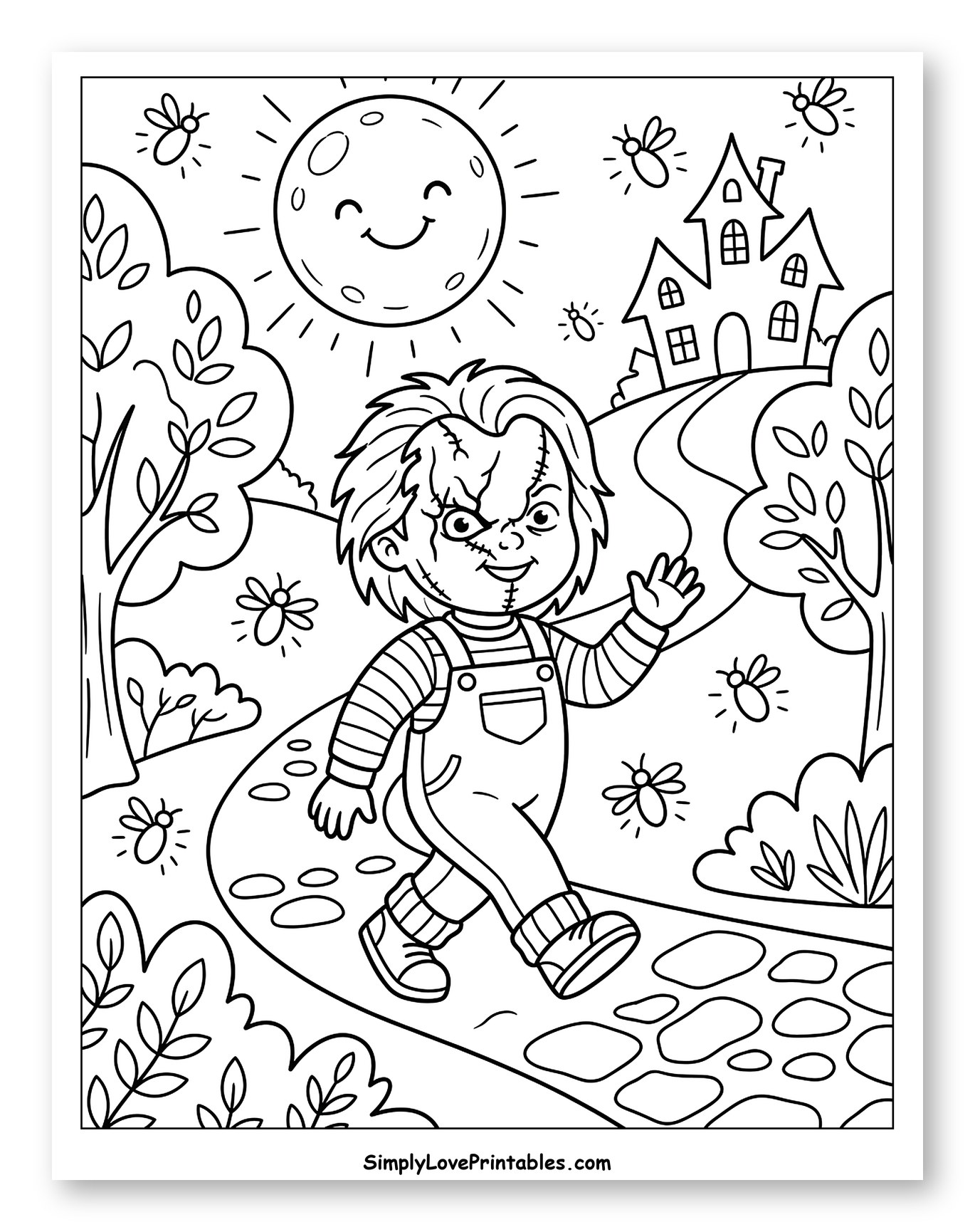 Cute Chucky Doll Walking with Fireflies and Haunted House