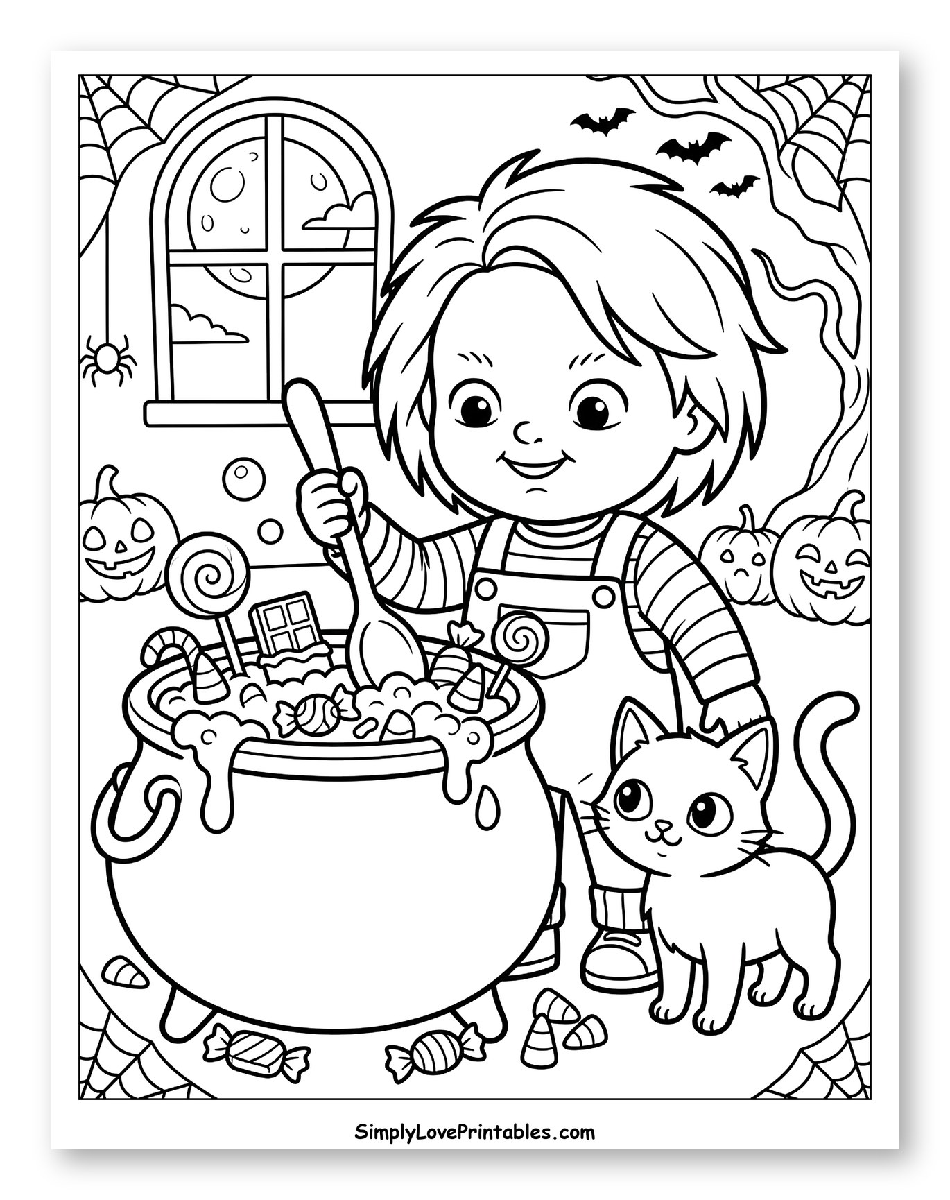 Cute Chucky Stirs a Halloween Candy Cauldron