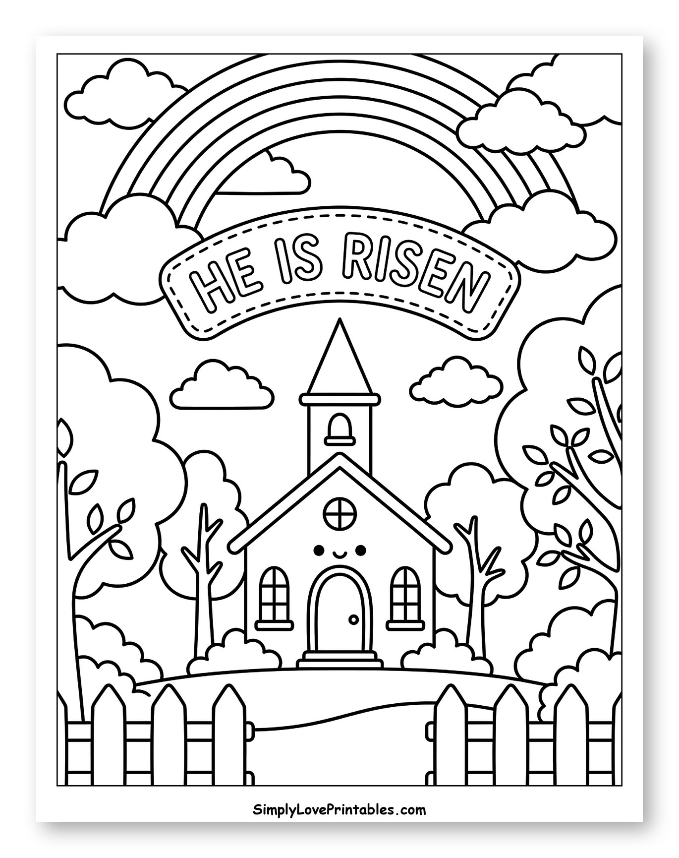 Cute Church with Rainbow and 'He Is Risen' Banner Coloring Sheet for Kids