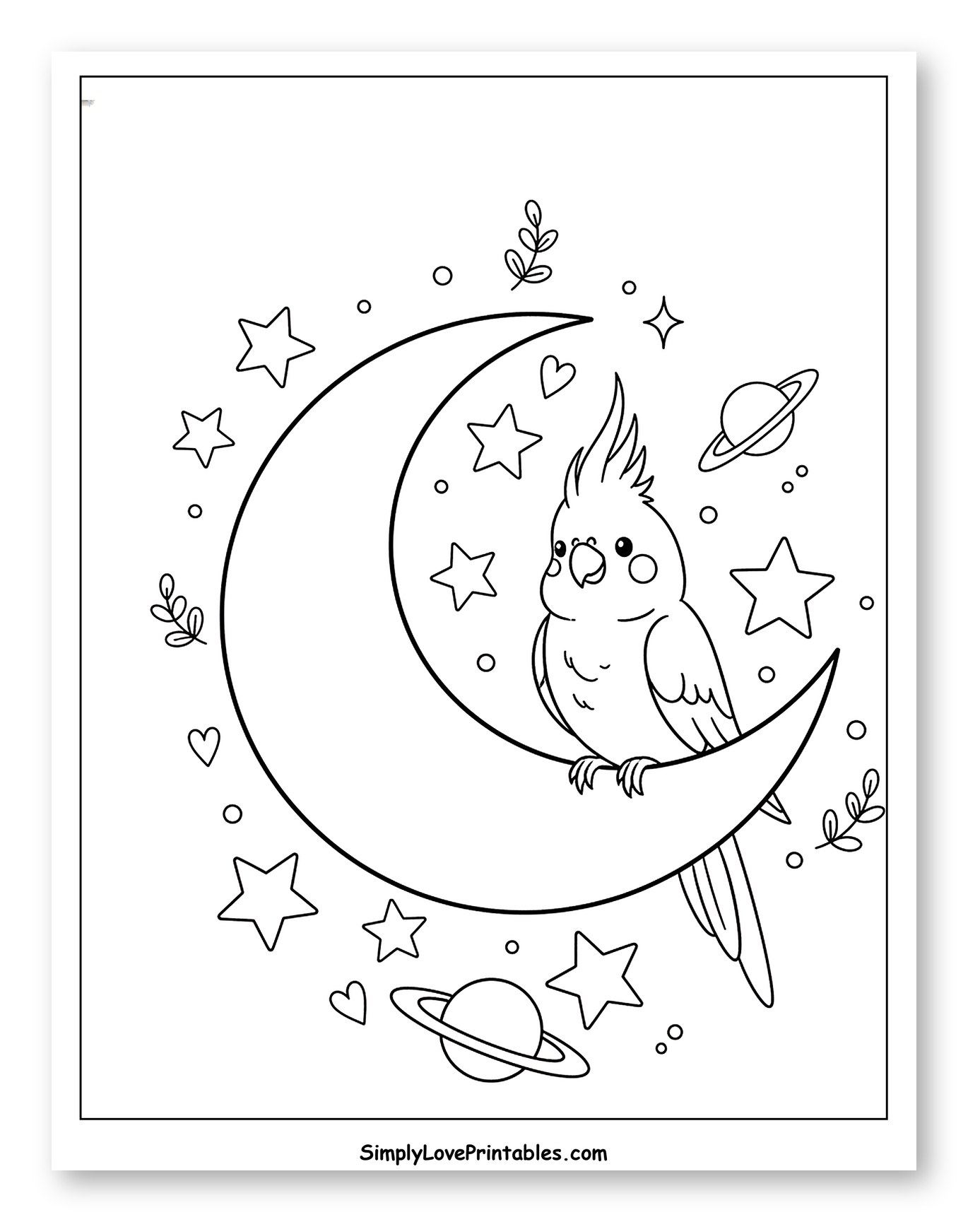 Cute Cockatiel on Crescent Moon with Stars Coloring Sheet for Adults