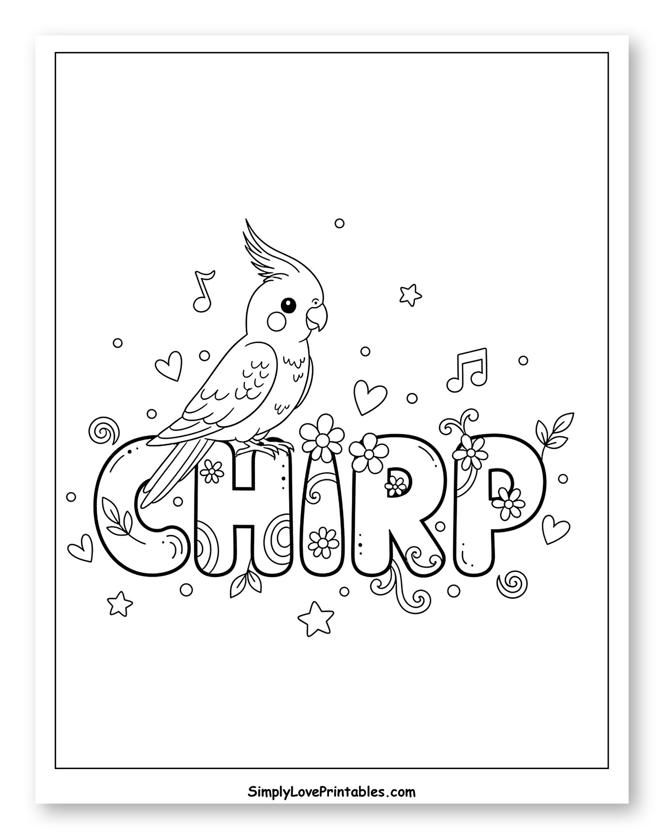Cute Cockatiel Perched on Chirp Word to Color for Adults