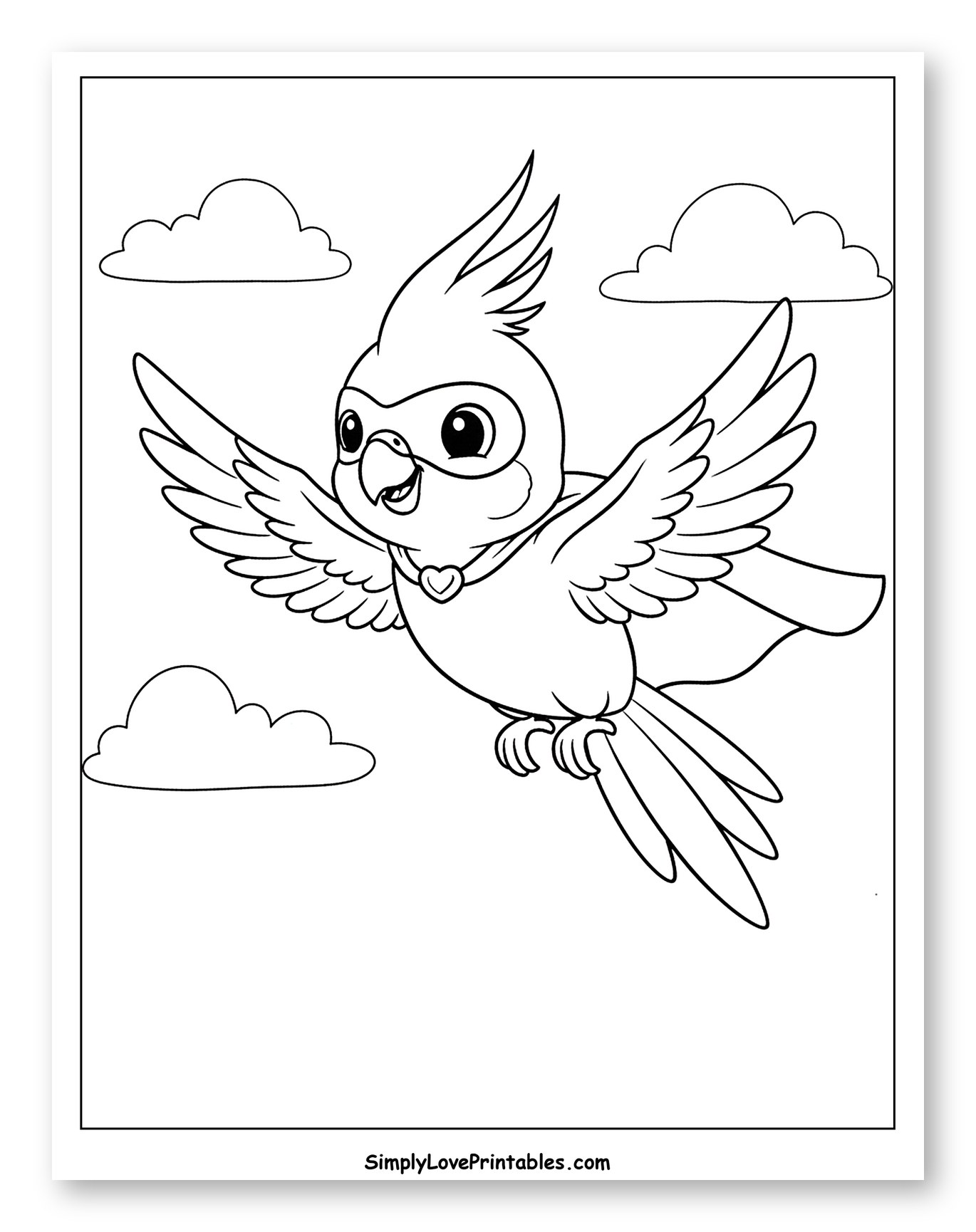 Cute Cockatiel Superhero Flying Among Clouds