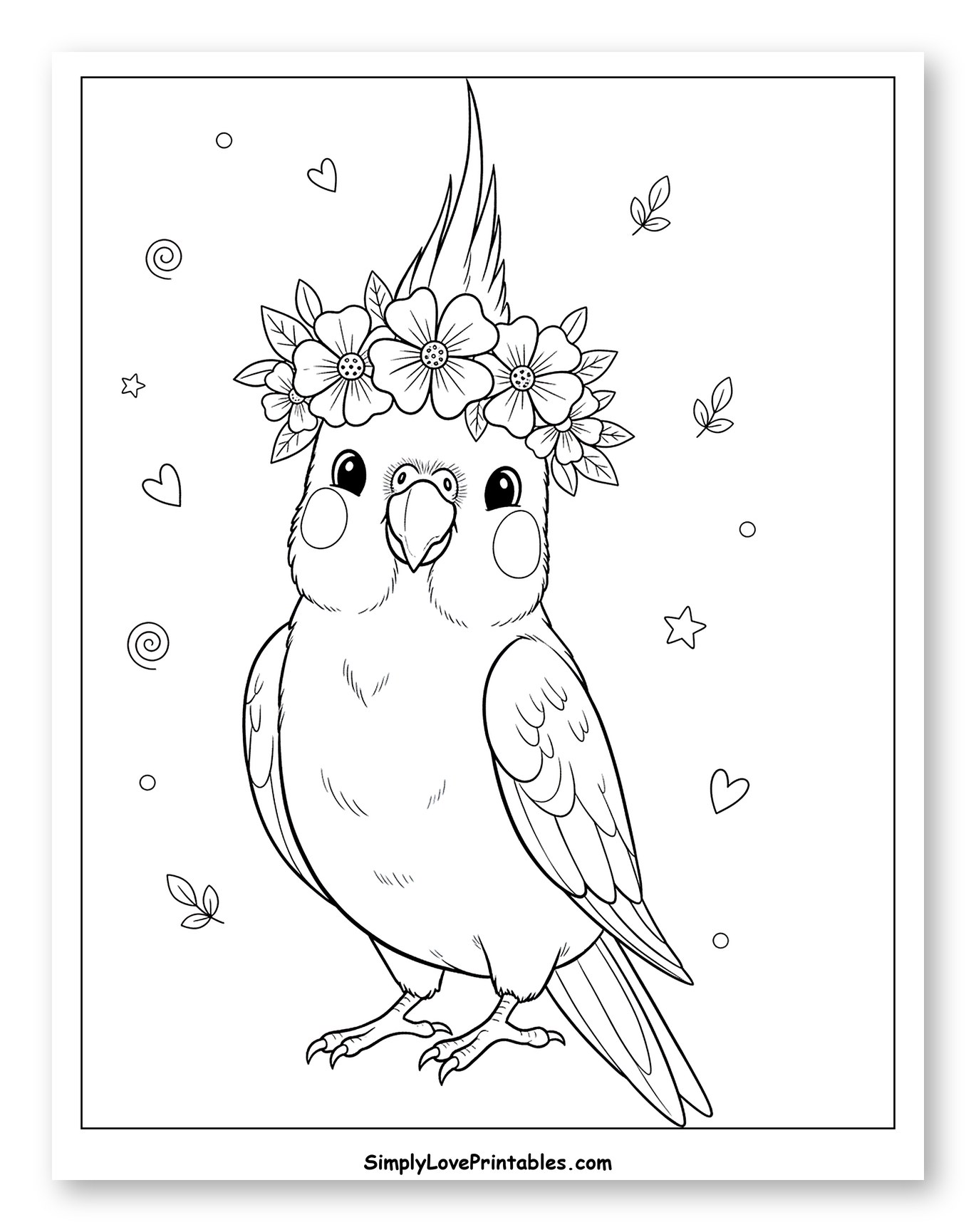 Cute Cockatiel Wearing a Flower Crown to Color for Adults