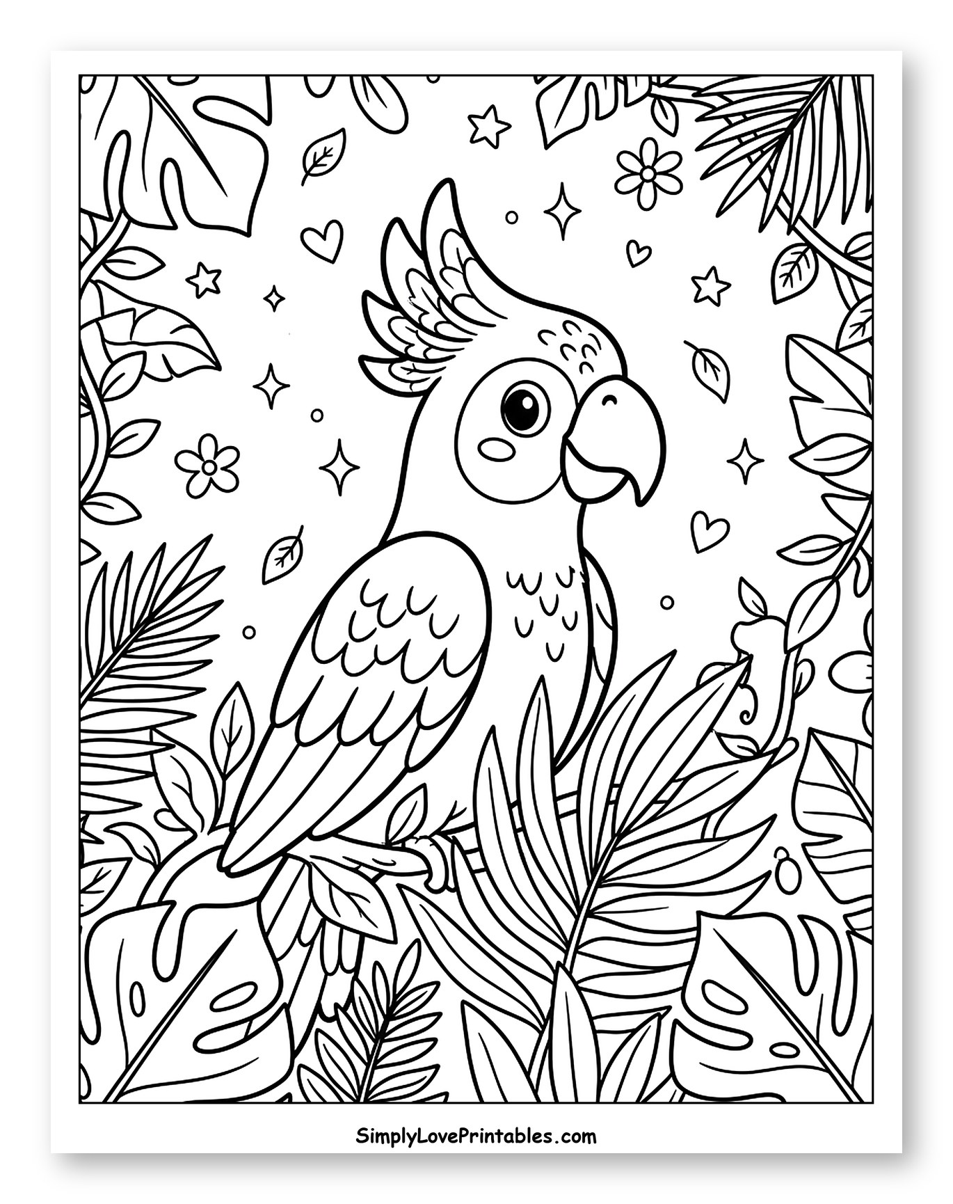 Cute Cockatoo in Tropical Jungle Leaves to Color for Adults