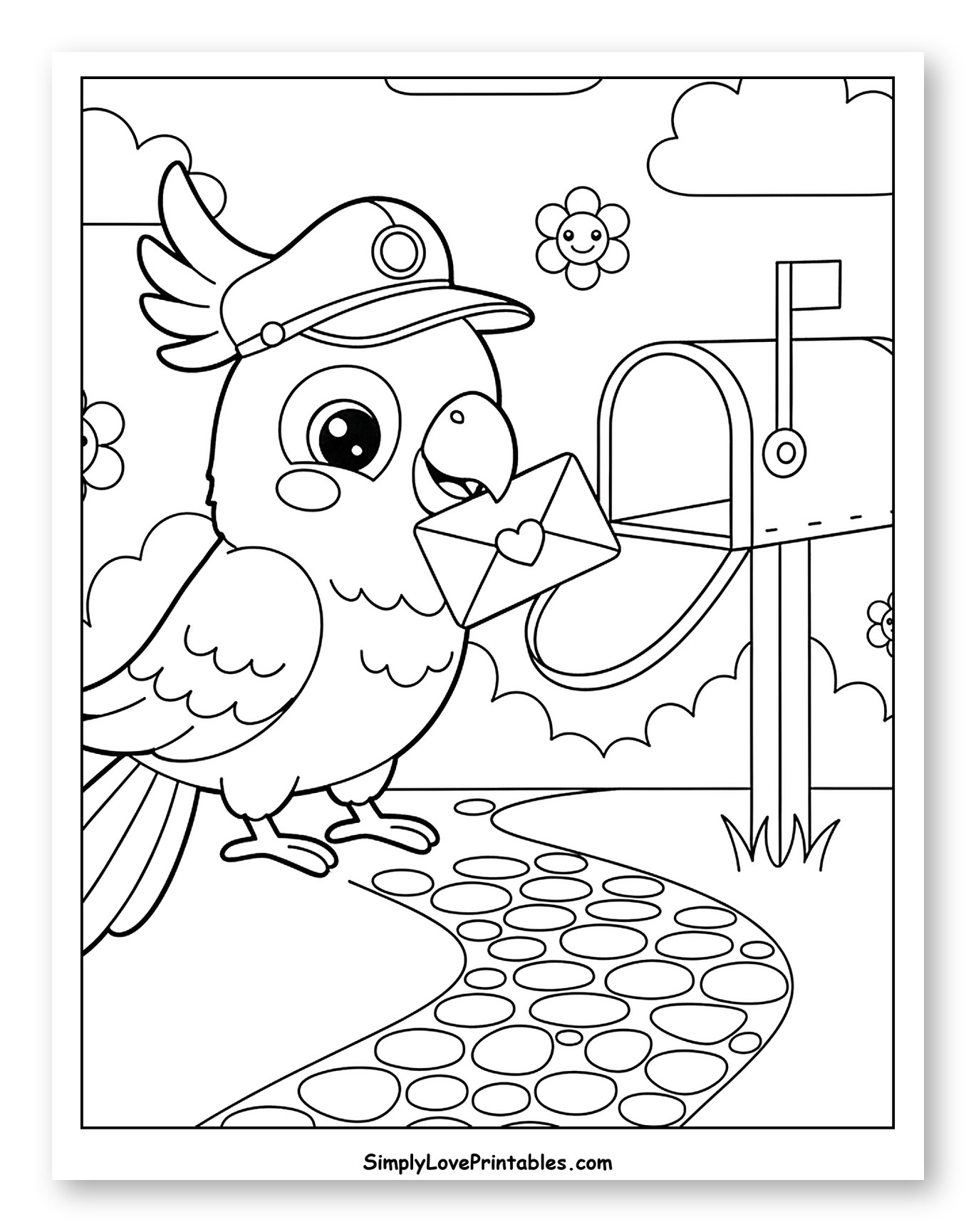 Cute Cockatoo Mailman Delivering a Letter to Color for Kids