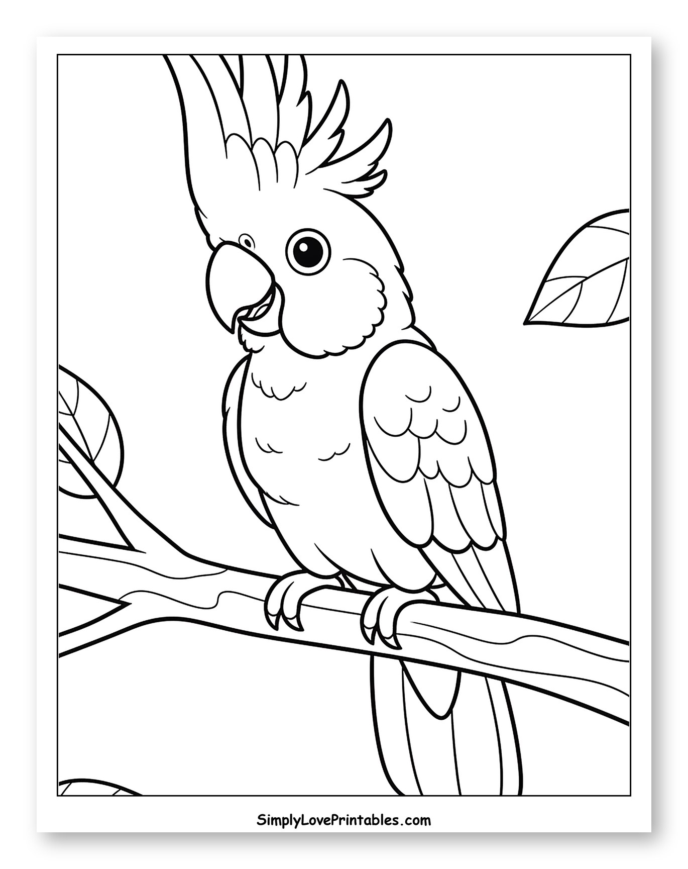 Cute Cockatoo Perched on a Branch to Color for Toddlers