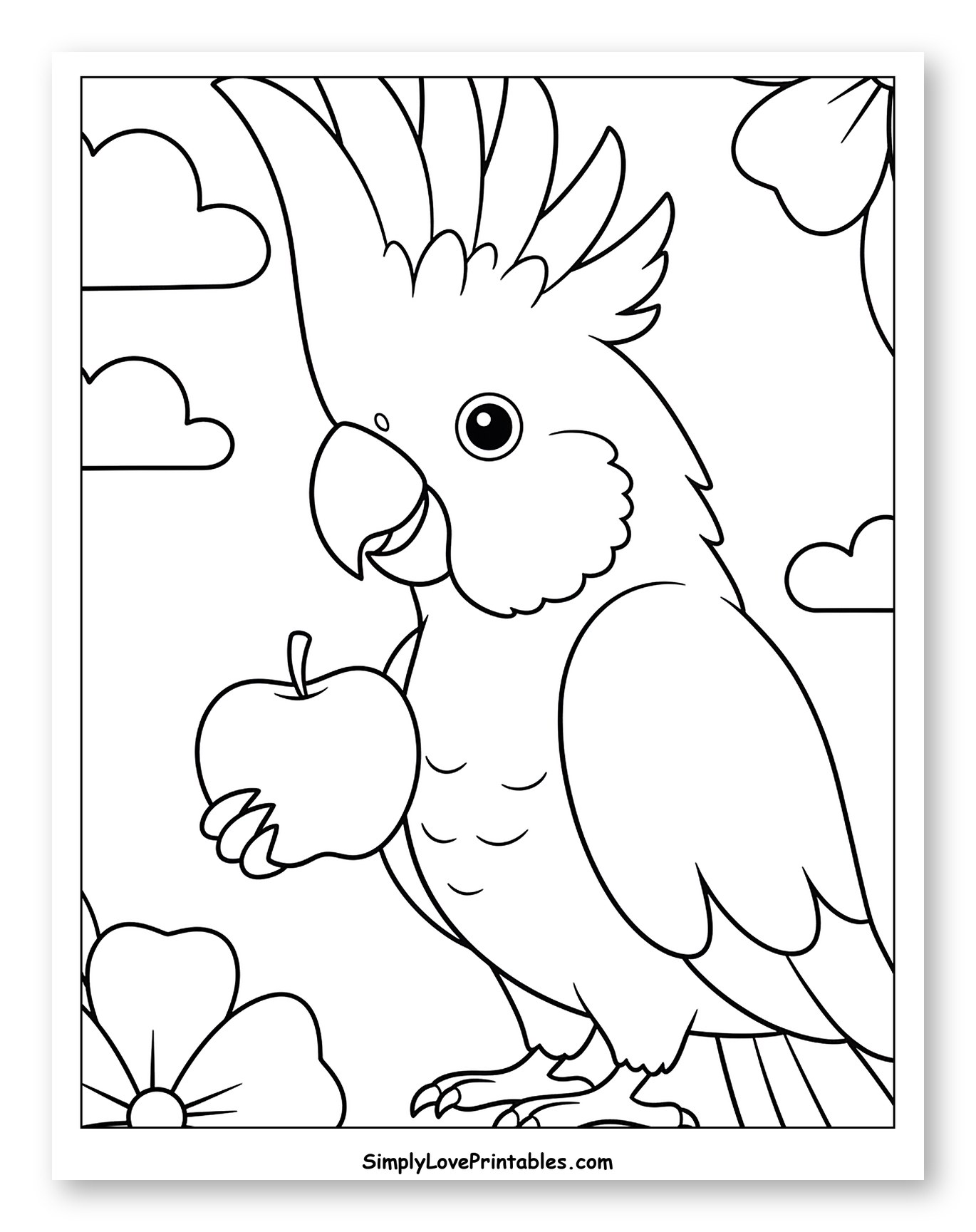 Cute Cockatoo with Apple and Flowers Coloring Page for Toddlers
