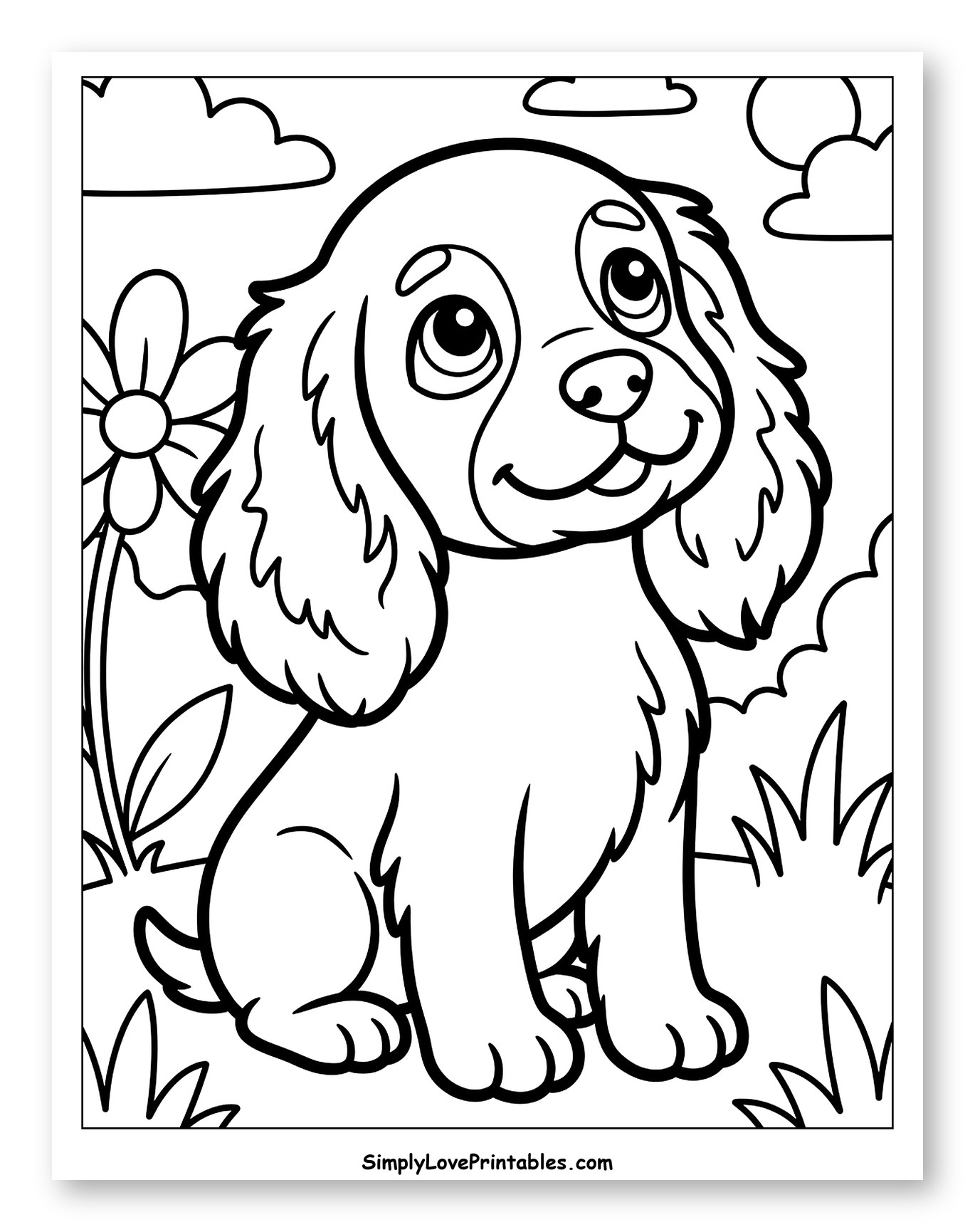 Cute Cocker Spaniel Puppy Sitting Outdoors Coloring Sheet for Toddlers