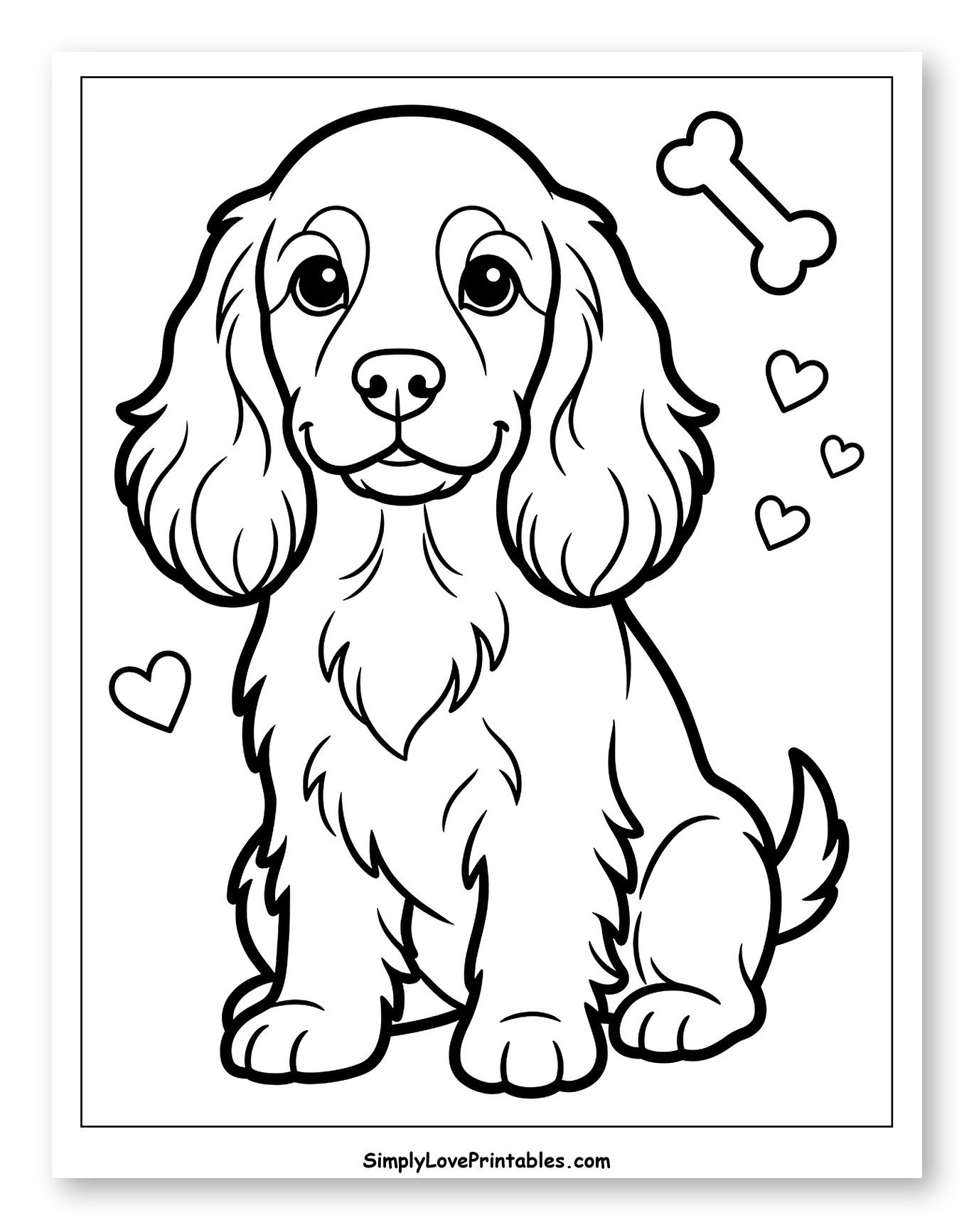 Cute Cocker Spaniel Puppy with Bone and Hearts
