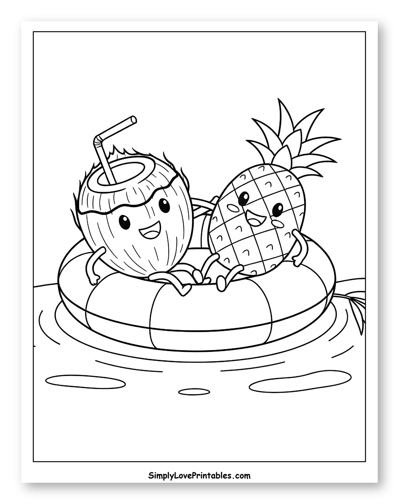 Cute Coconut and Pineapple Floating Together Coloring Sheet for Kids