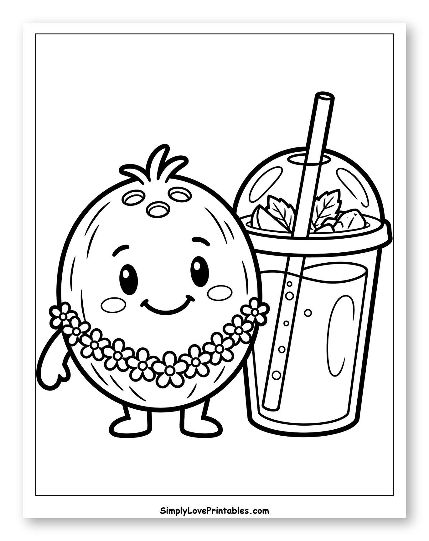 Cute Coconut Wearing a Lei with Smoothie