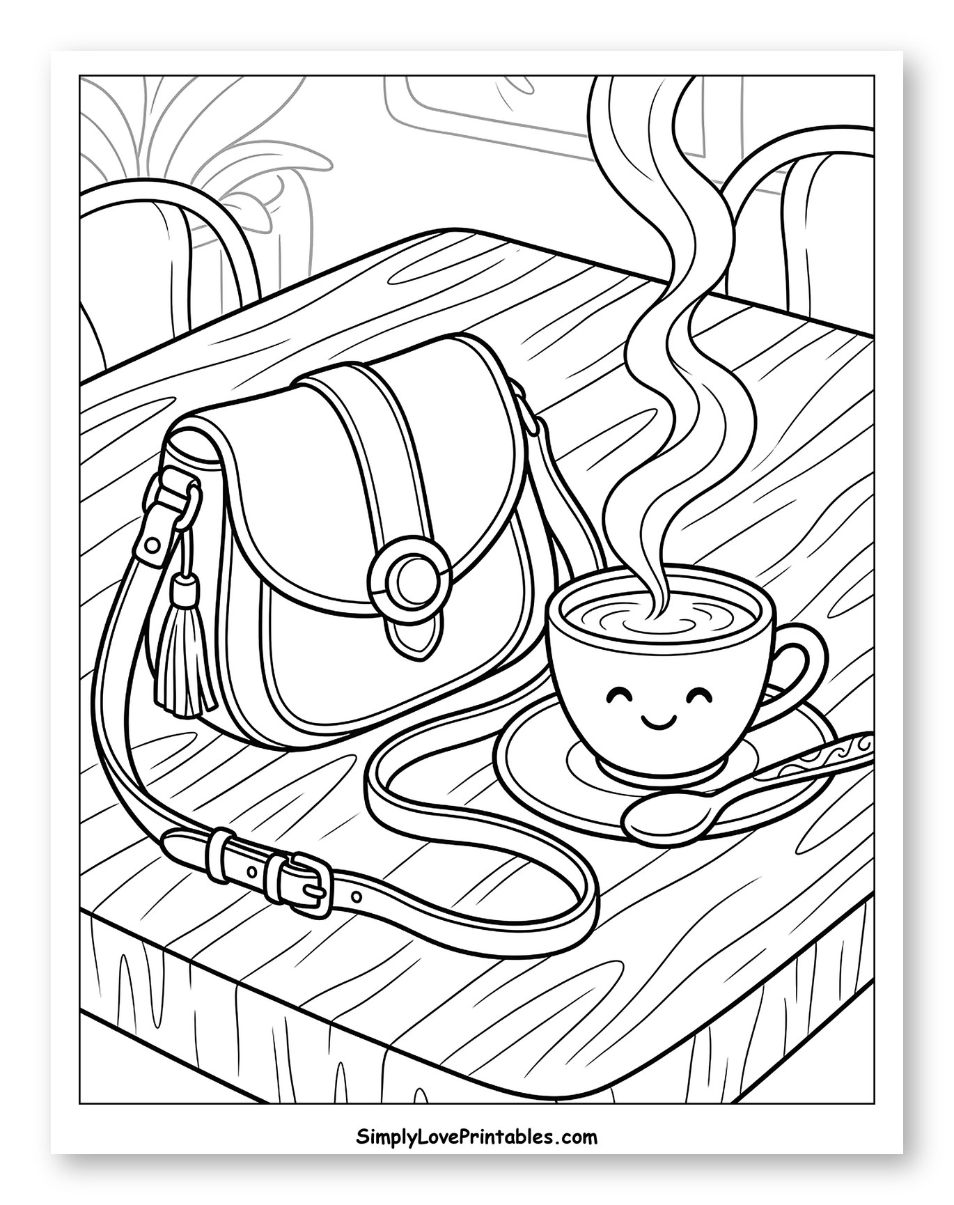 Cute Coffee Cup and Purse on Table to Color for Kids