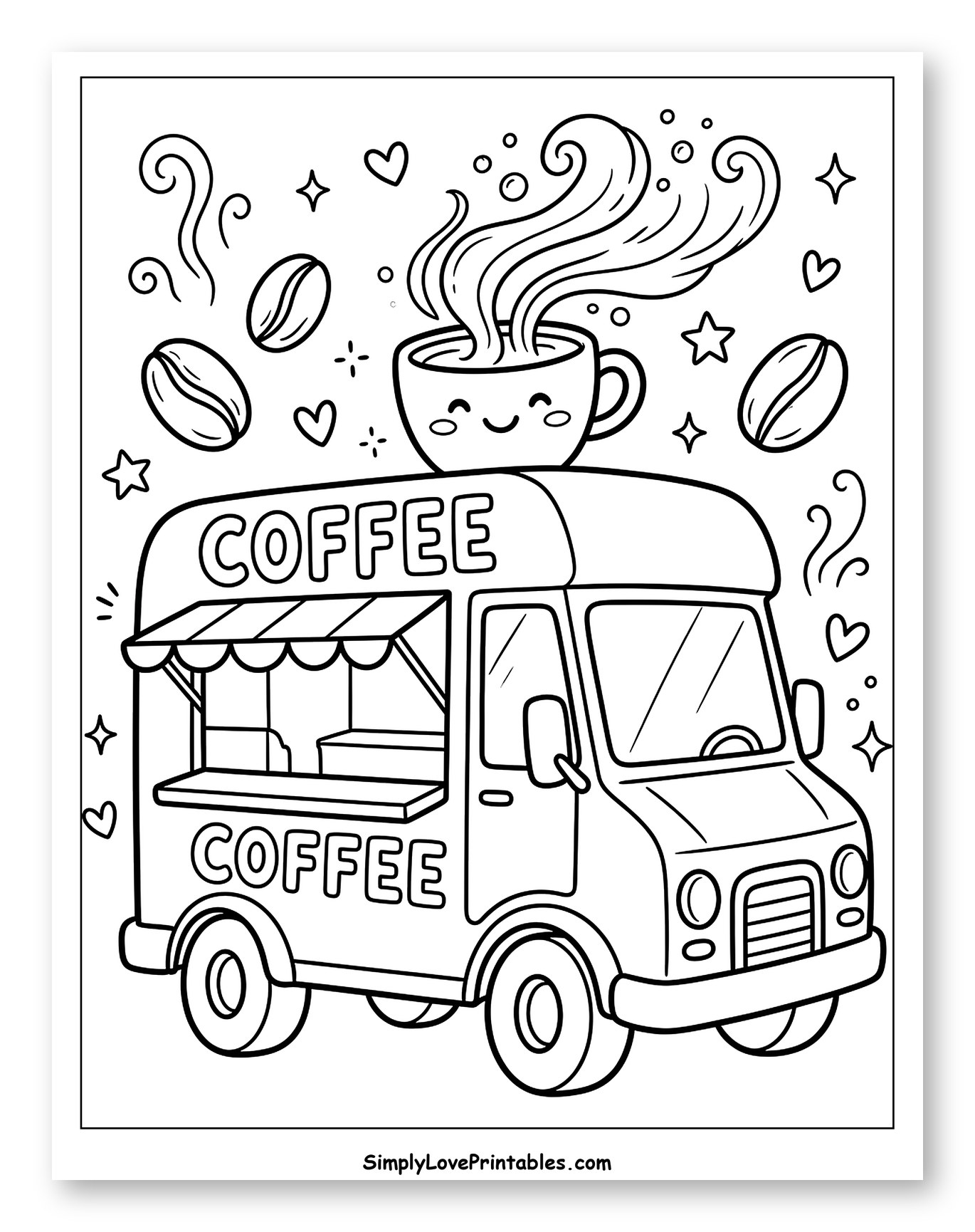 Cute Coffee Food Truck with Happy Cup Coloring Sheet for Adults