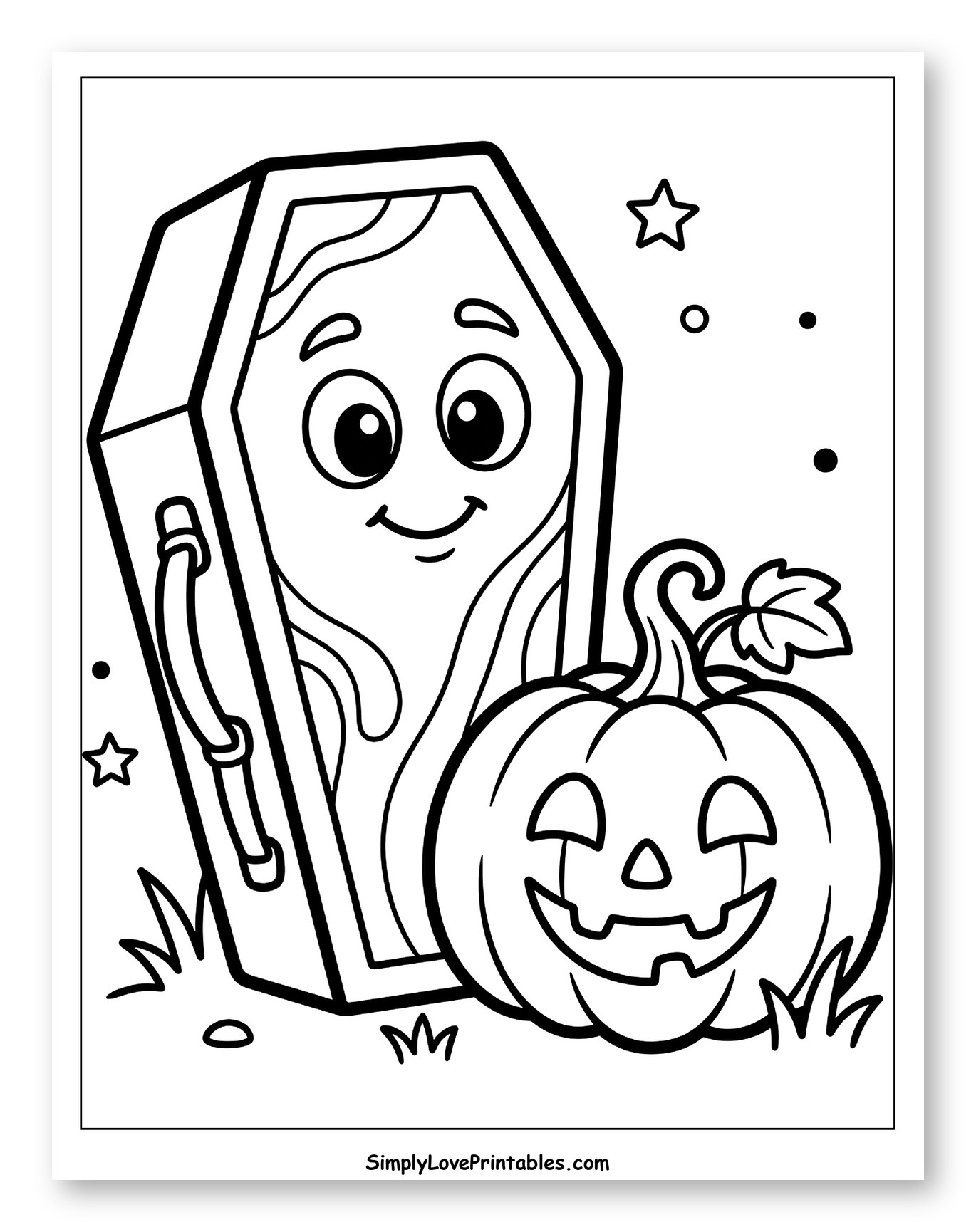 Cute Coffin and Jack-o'-Lantern Halloween Scene Coloring Sheet for Toddlers