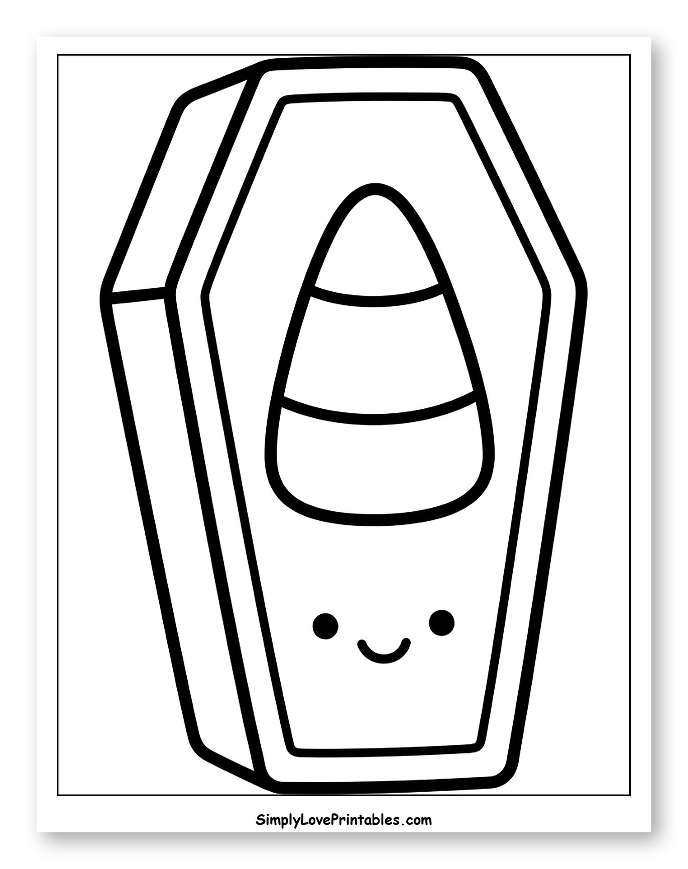 Cute Coffin with Candy Corn and Smiling Face Coloring Page for Toddlers