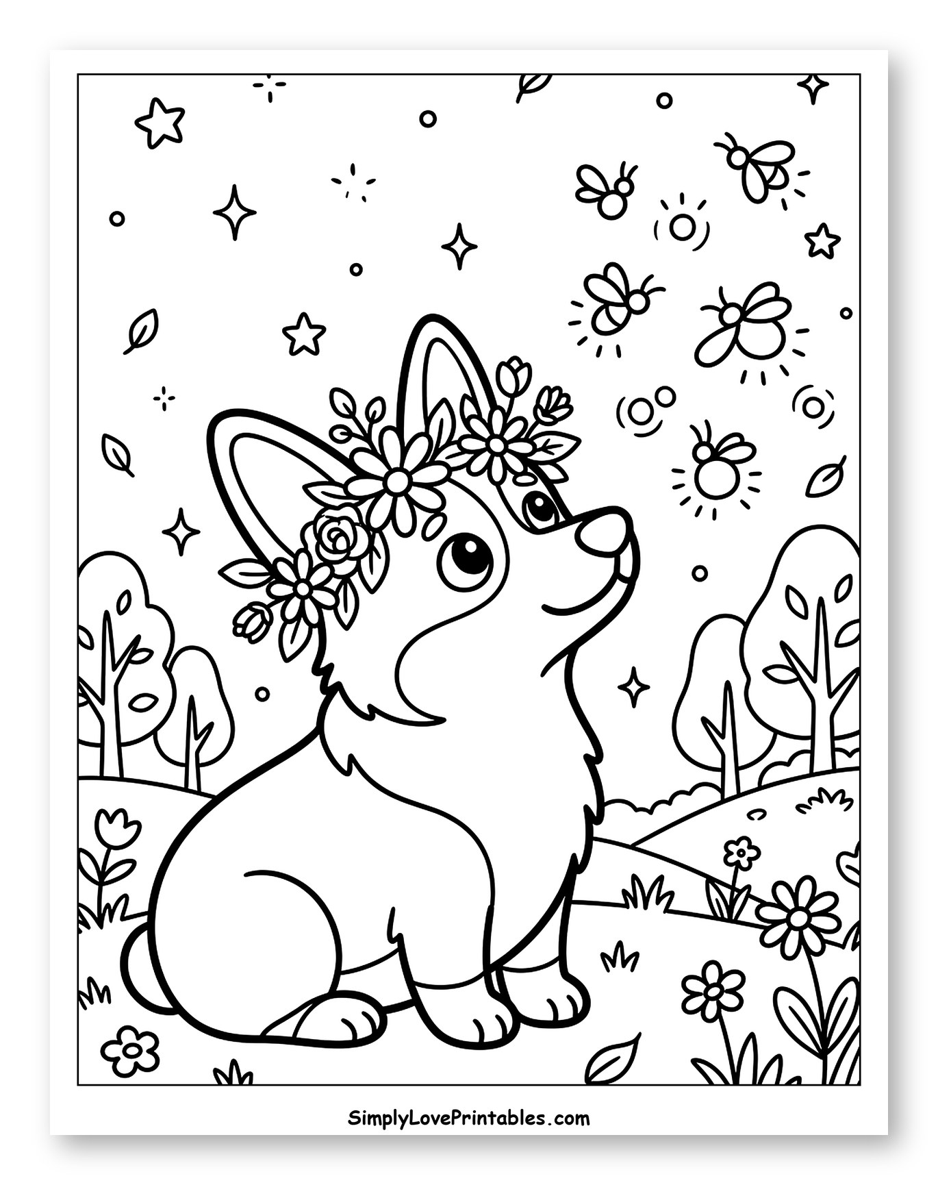 Cute Corgi with Flower Crown and Fireflies