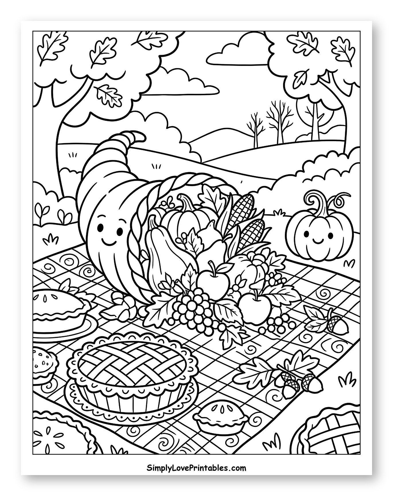 Cute Cornucopia with Autumn Harvest Picnic Coloring Sheet for Kids