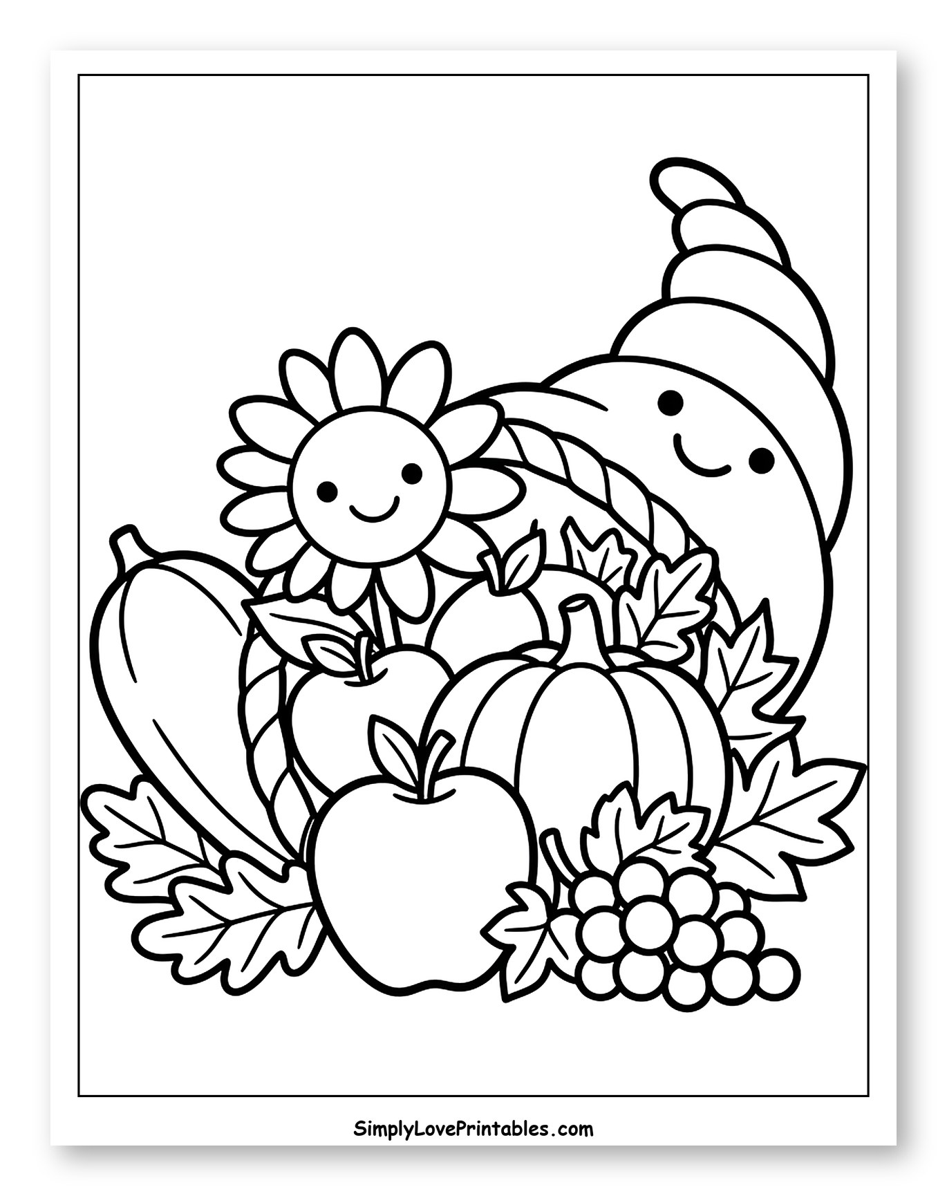 Cute Cornucopia with Autumn Produce and Sunflower Coloring Page for Toddlers