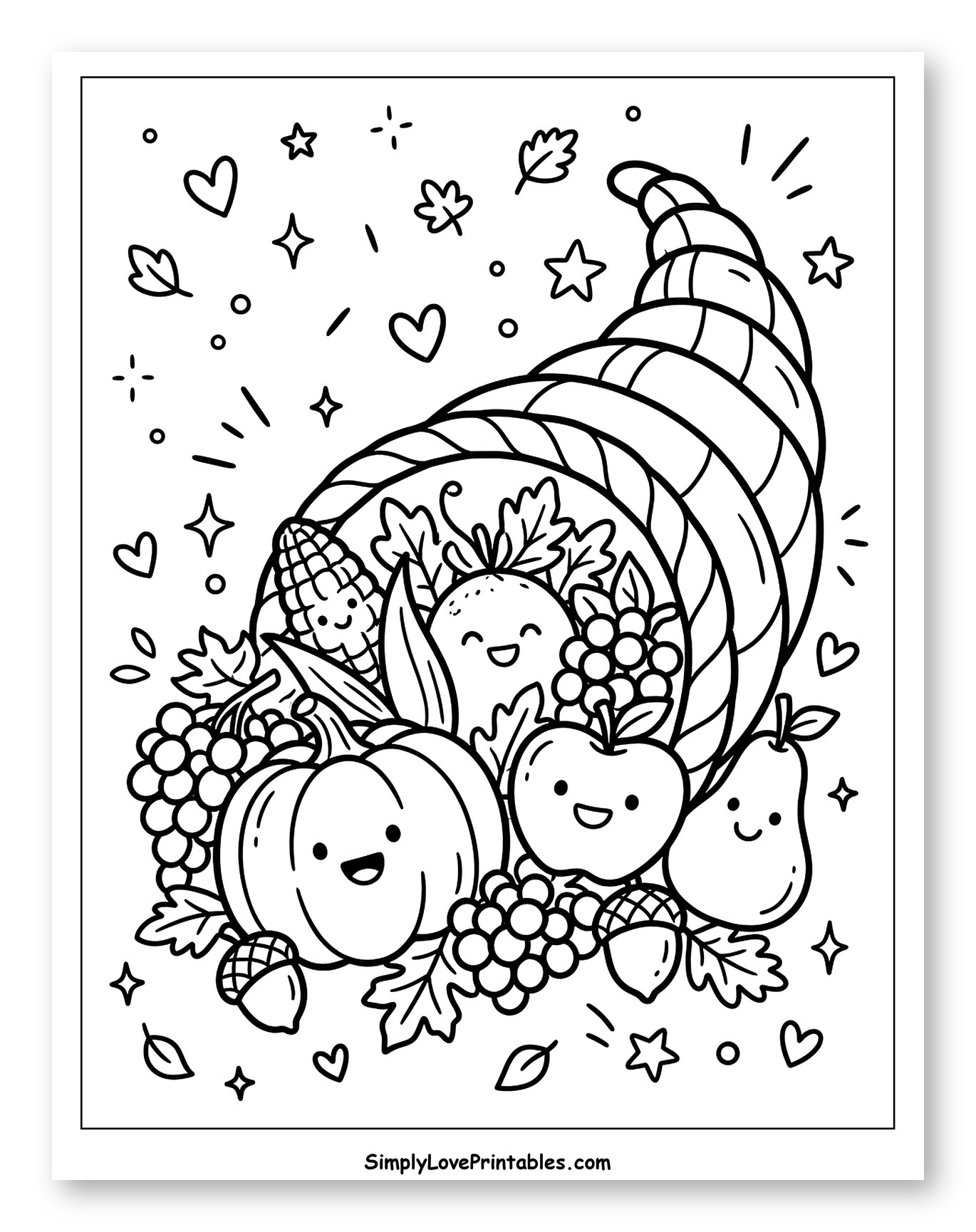 Cute Cornucopia with Happy Autumn Harvest to Color for Adults